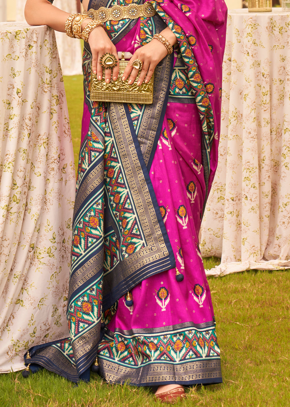 Magenta Pink Printed Patola Designer Silk Saree - qivii