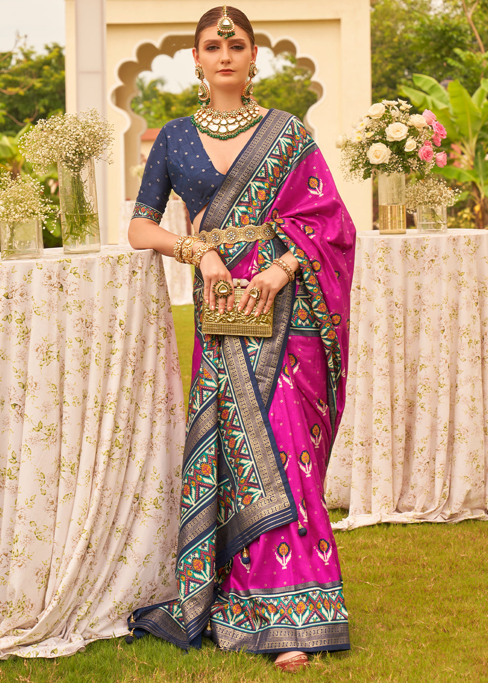 Magenta Pink Printed Patola Designer Silk Saree - qivii