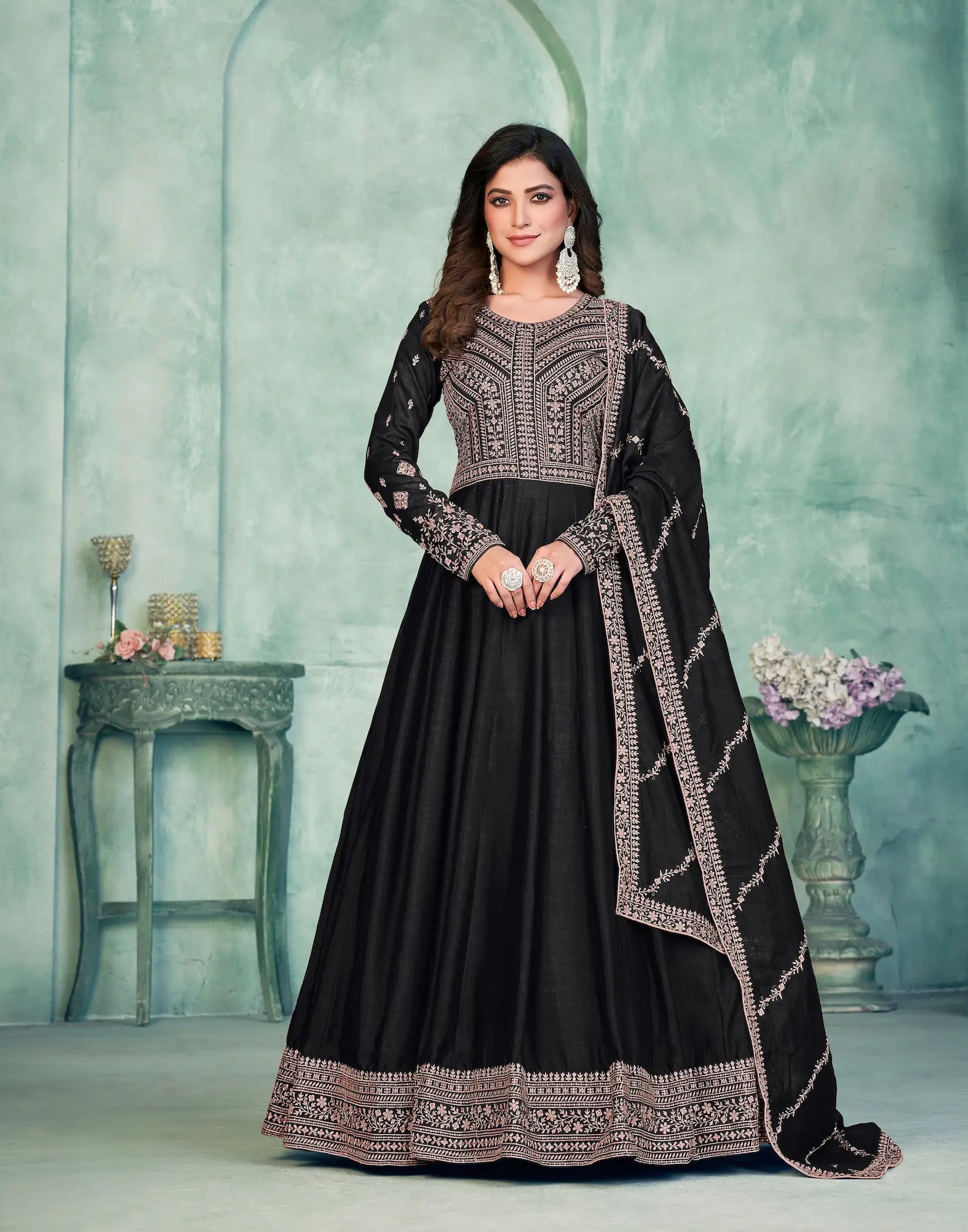 Black Art Silk Gown With Zari & Thread Embroidery Work - qivii