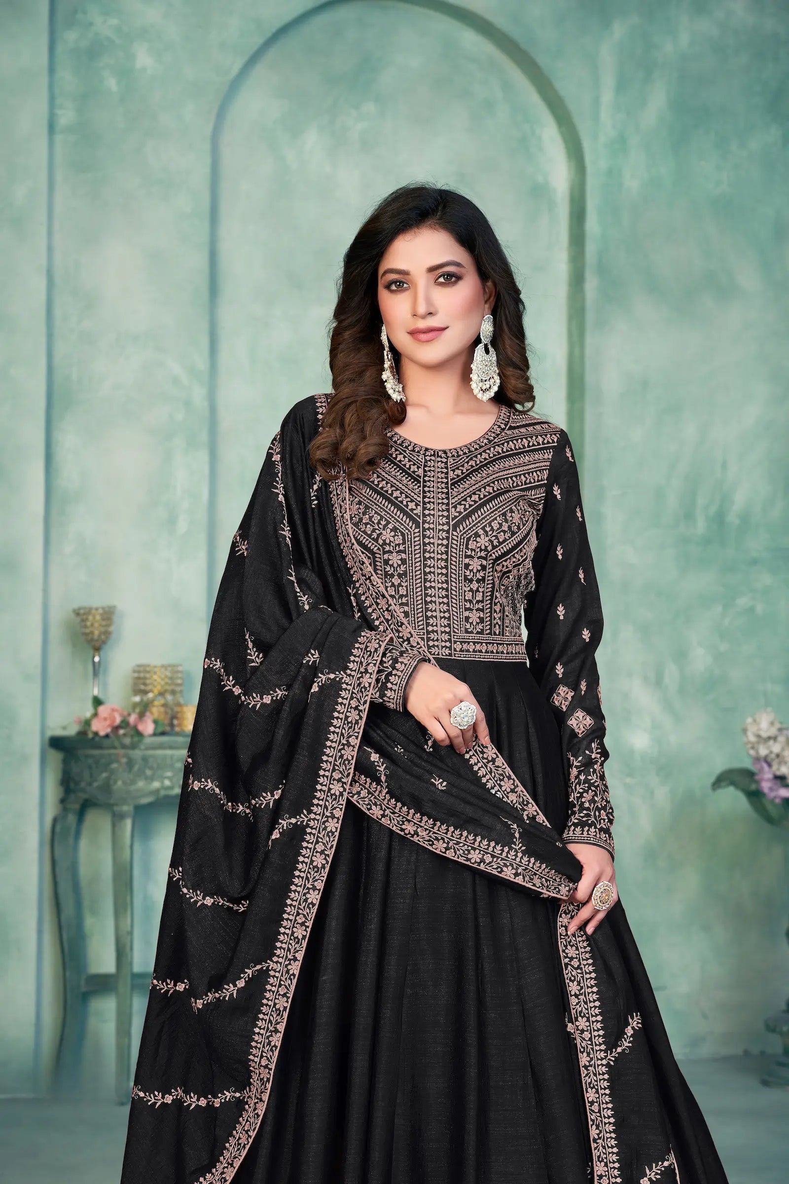 Black Art Silk Gown With Zari & Thread Embroidery Work - qivii