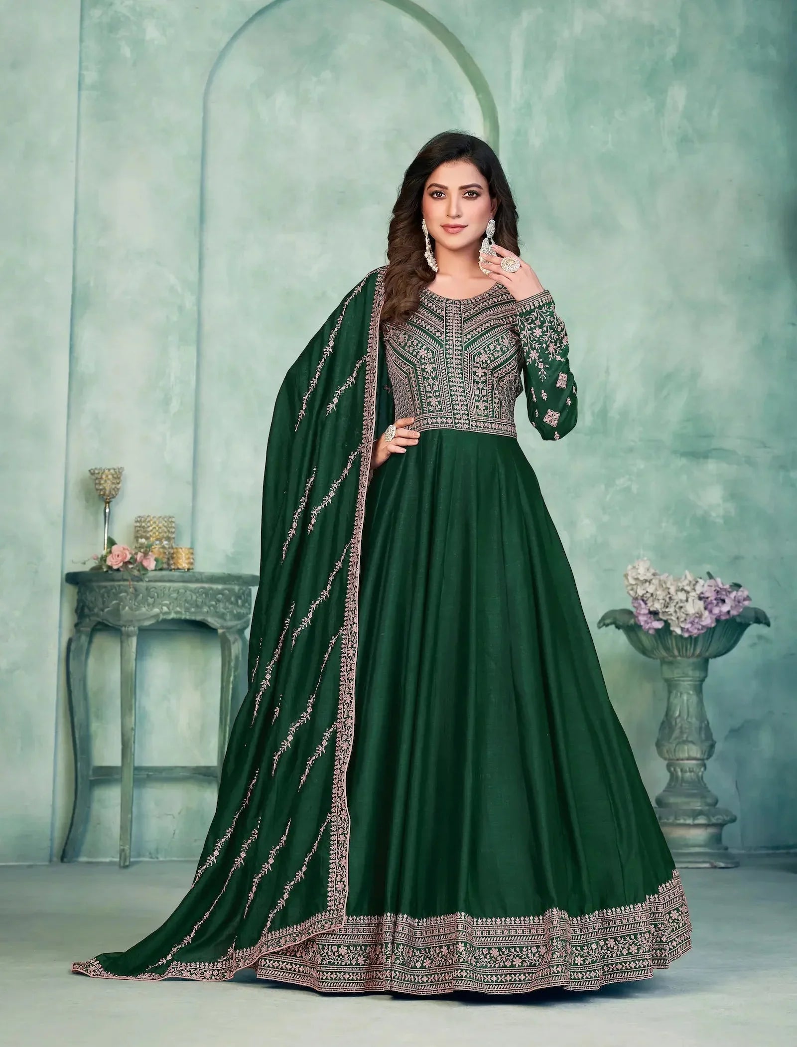 Green Art Silk Gown With Zari & Thread Embroidery Work - qivii