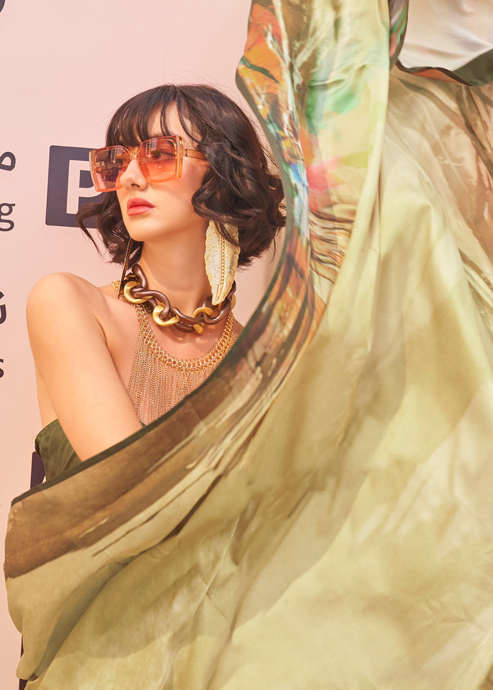 Flax Yellow Digital Printed Satin Crepe Designer Saree - qivii