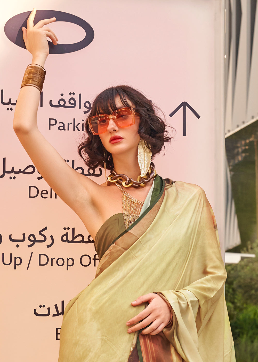 Flax Yellow Digital Printed Satin Crepe Designer Saree - qivii