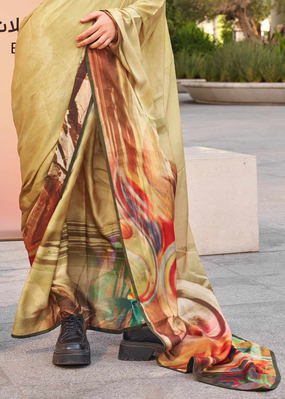 Flax Yellow Digital Printed Satin Crepe Designer Saree - qivii