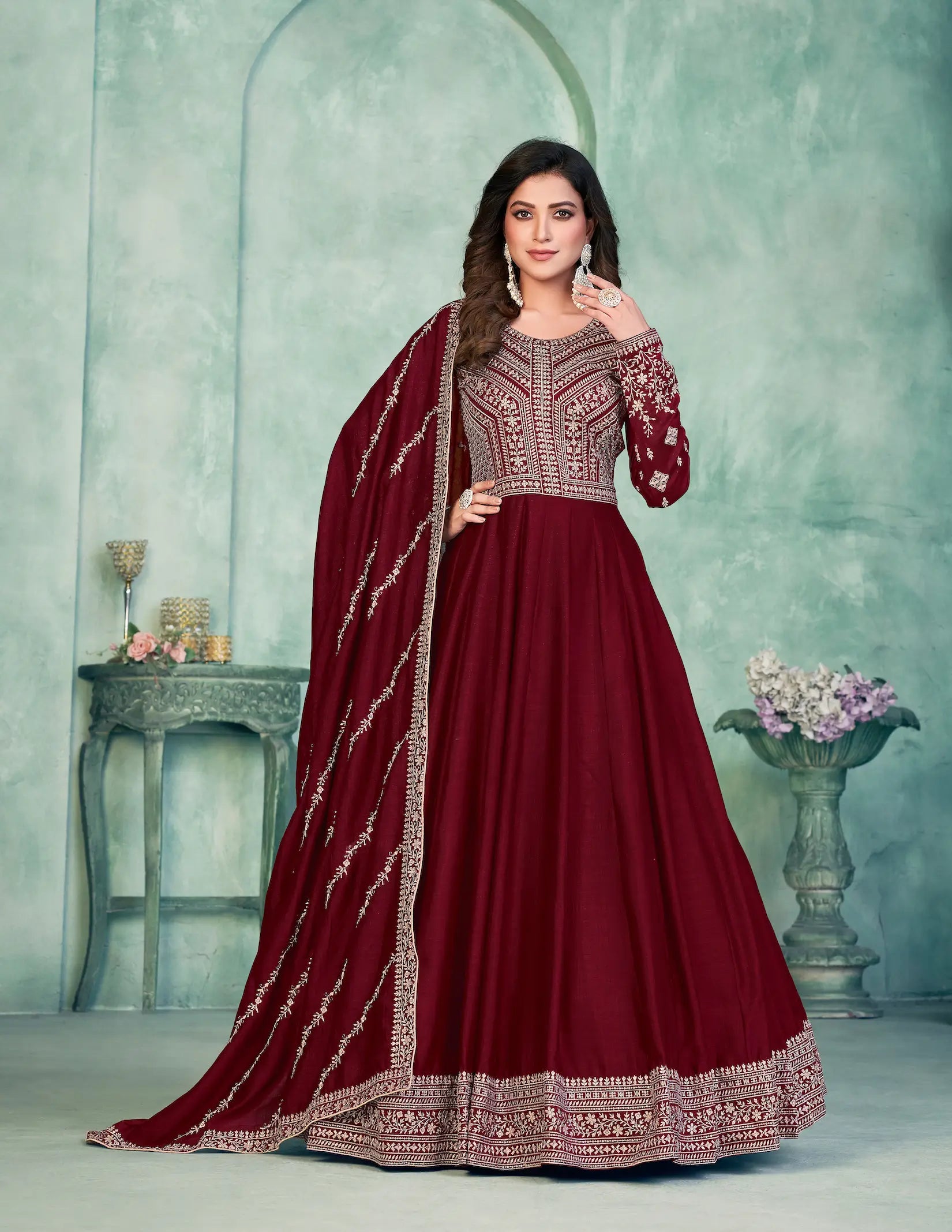 Red Art Silk Gown With Zari & Thread Embroidery Work - qivii