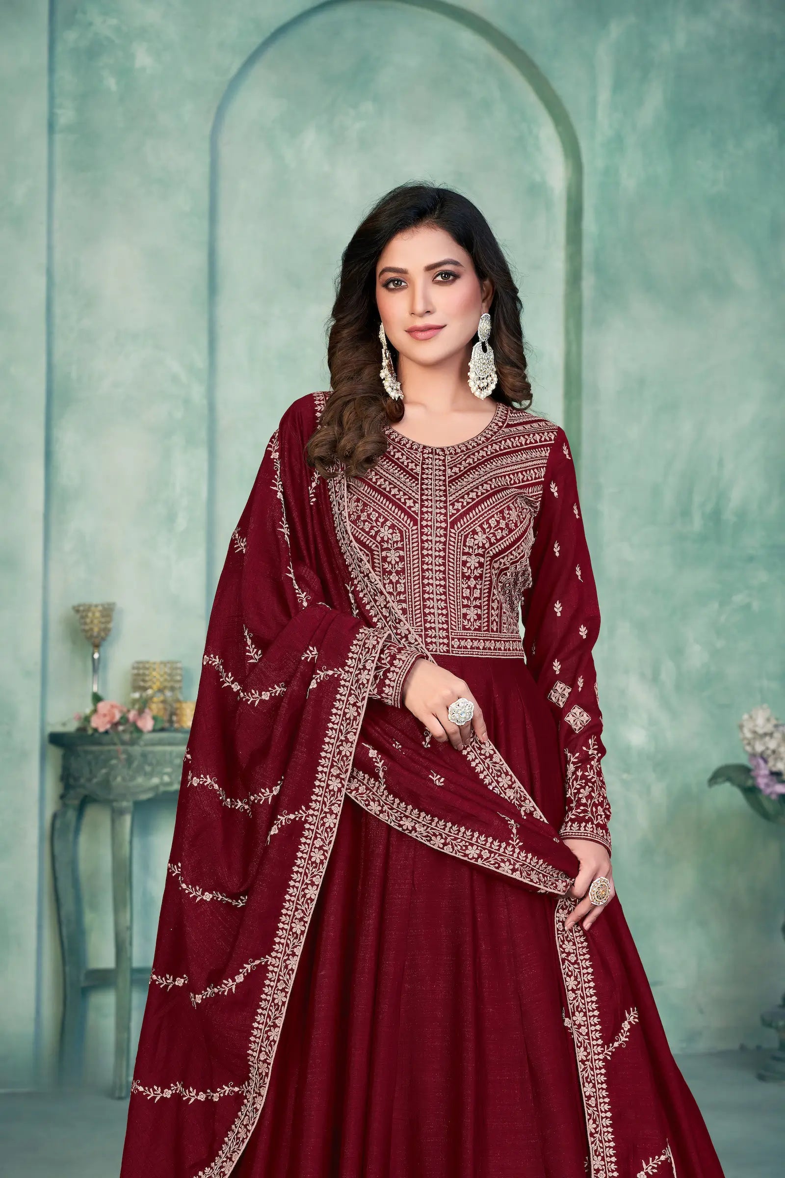 Red Art Silk Gown With Zari & Thread Embroidery Work - qivii
