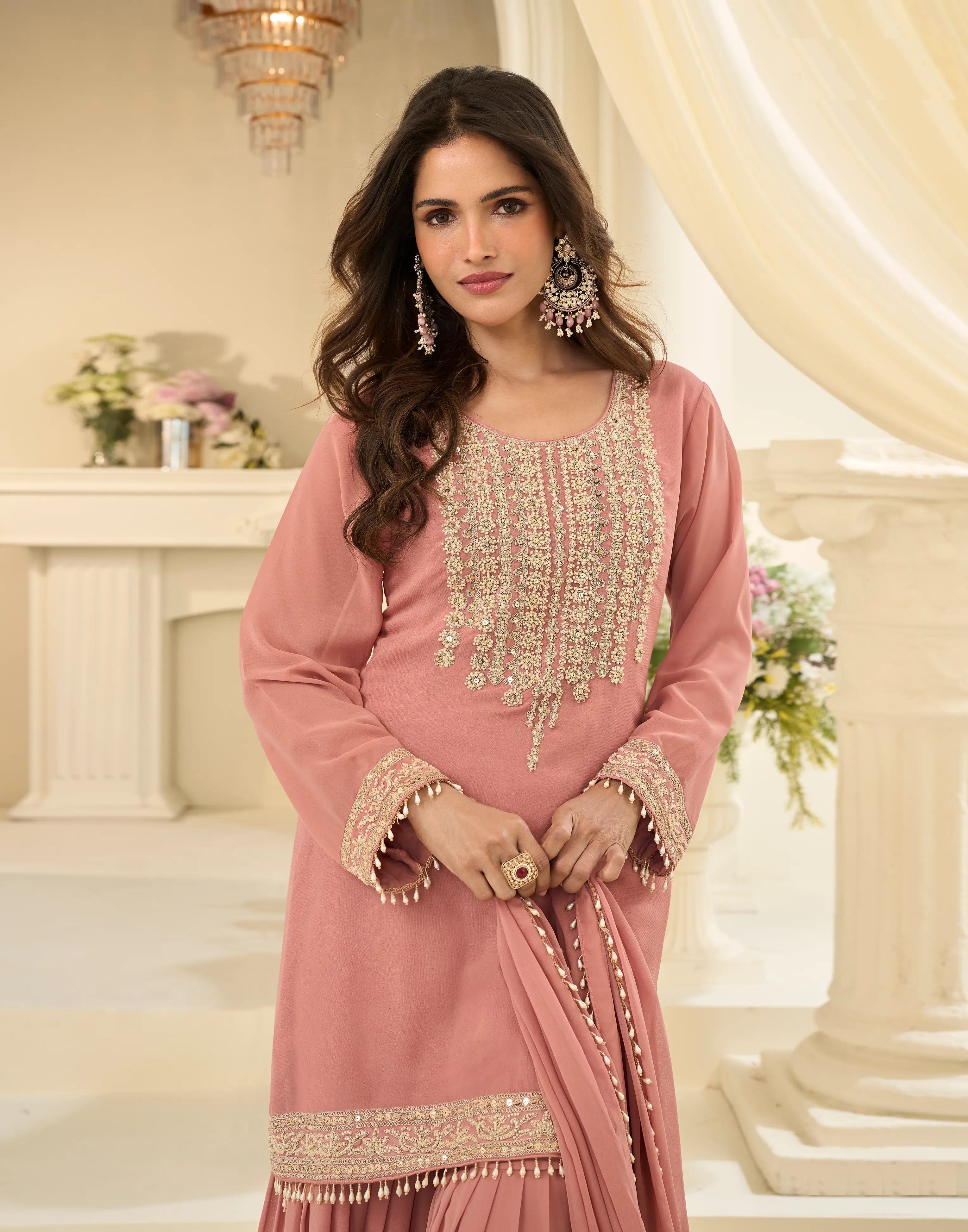 Peach Georgette Embroidered Sharara Suit with Sequins Work & Matching Dupatta