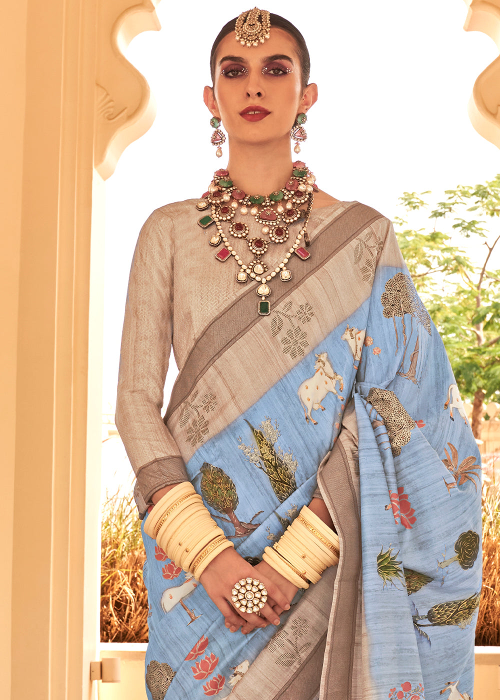 Soft Blue Khadi Printed Raw Silk Saree - qivii