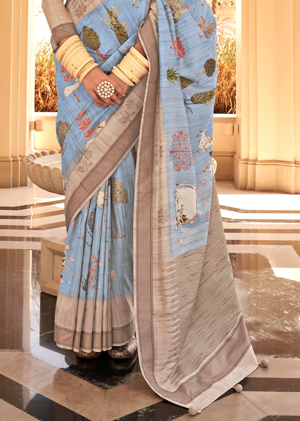 Soft Blue Khadi Printed Raw Silk Saree - qivii