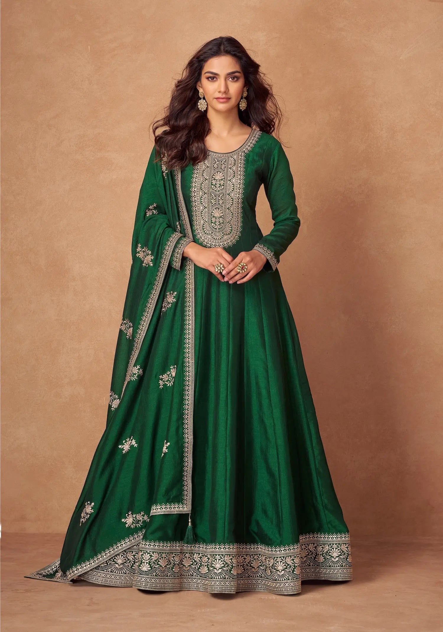 Green Premium Silk Embroidery Work Gown - qivii