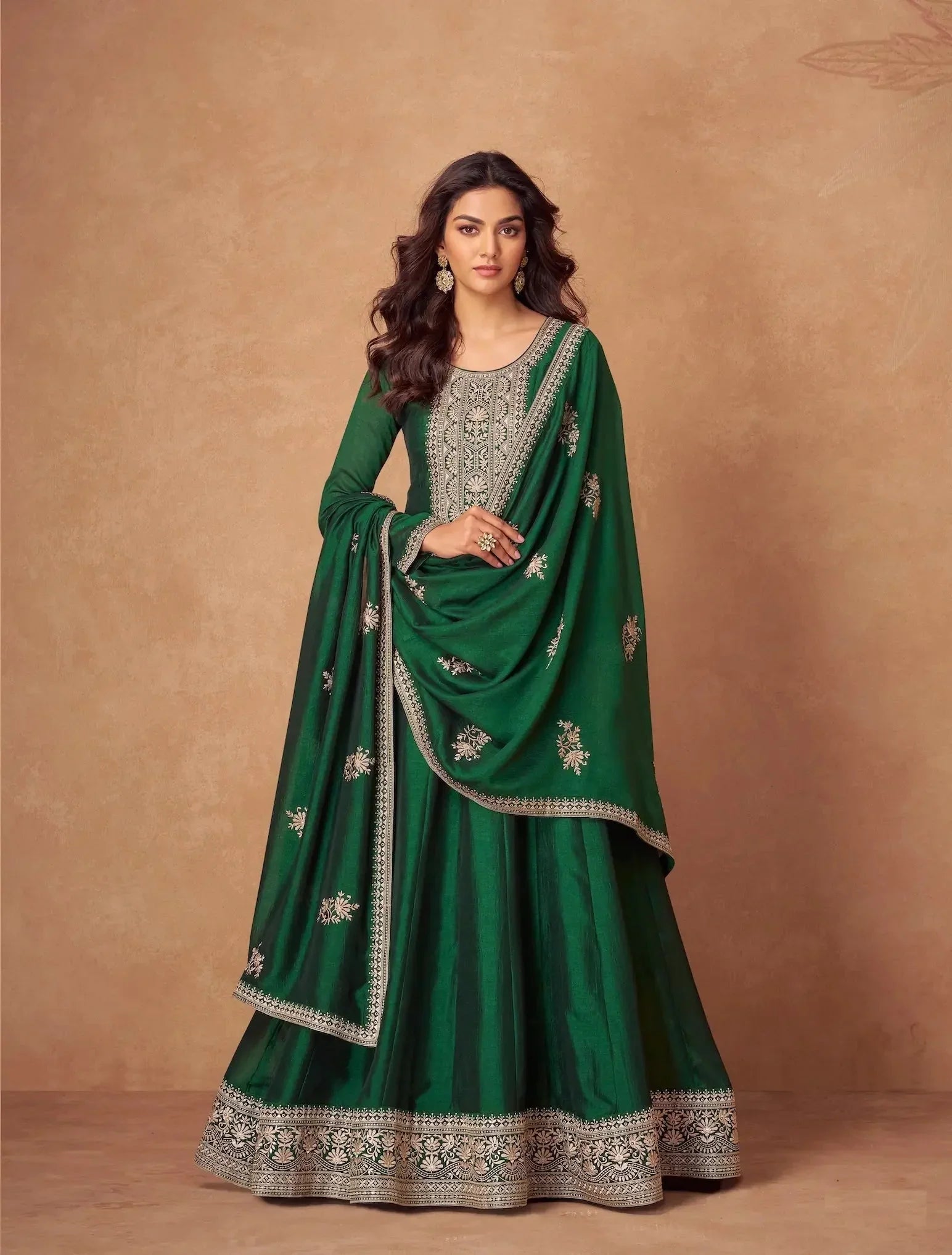 Green Premium Silk Embroidery Work Gown - qivii