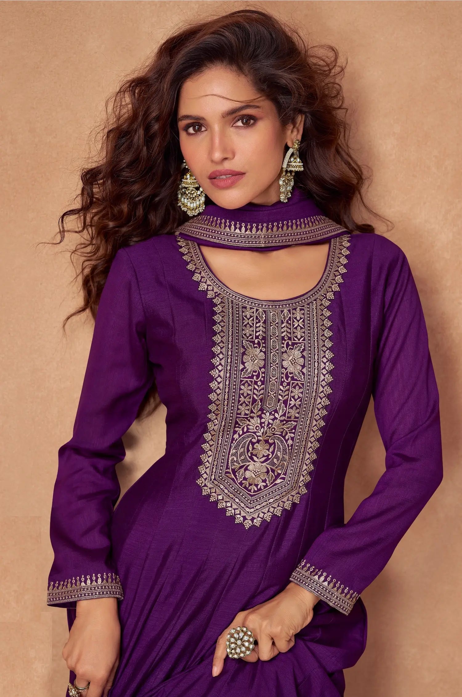 Purple Premium Silk Embroidery Work Gown - qivii