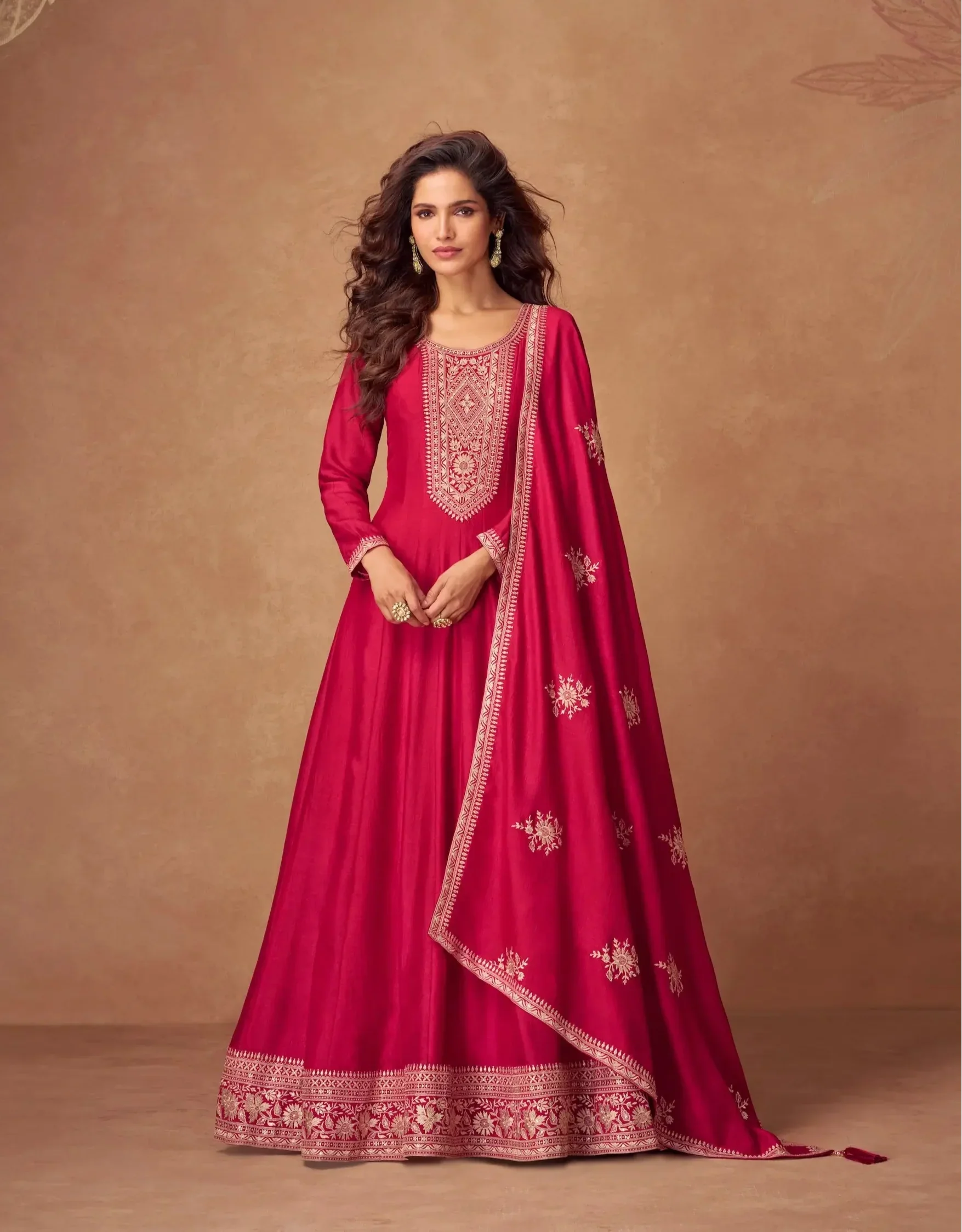 Red Premium Silk Embroidery Work Gown - qivii
