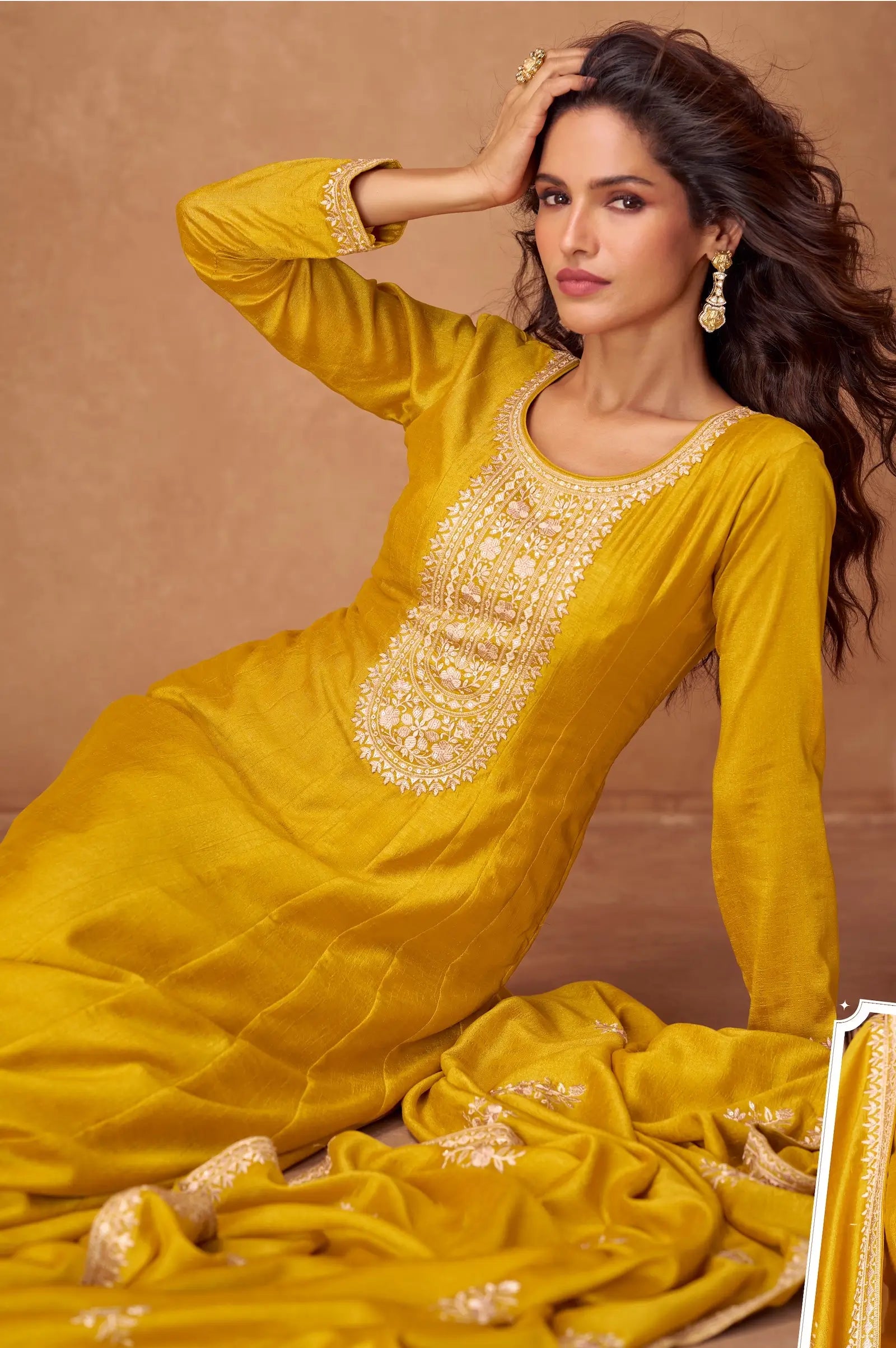 Yellow Premium Silk Embroidery Work Gown - qivii