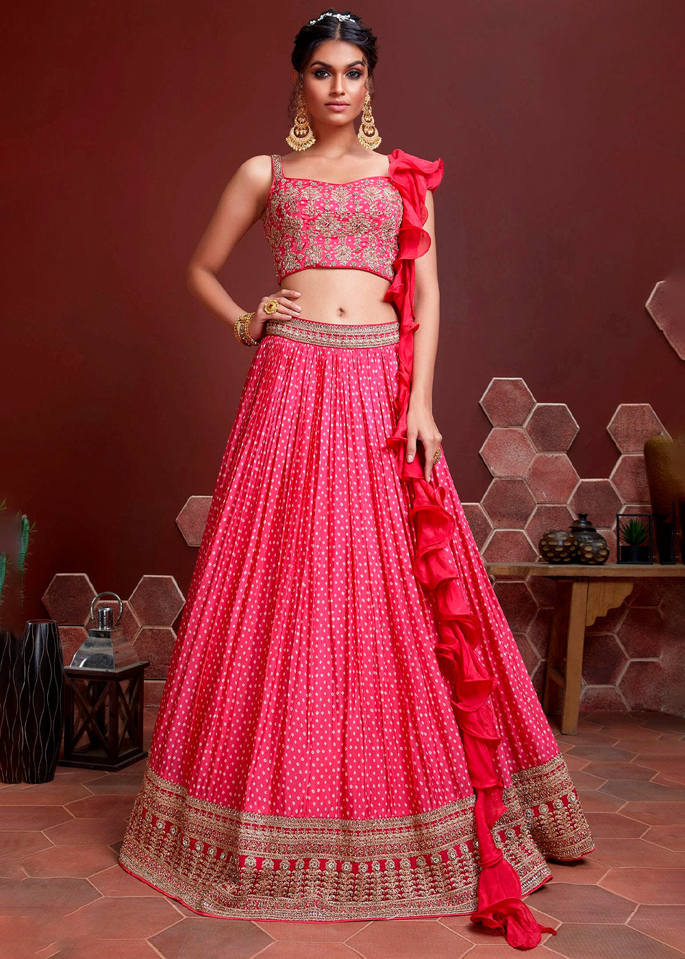 Azalea Pink Bandhani Printed Chinon Silk Lehenga Choli with Heavy Embroidery work | Ready To Wear - qivii