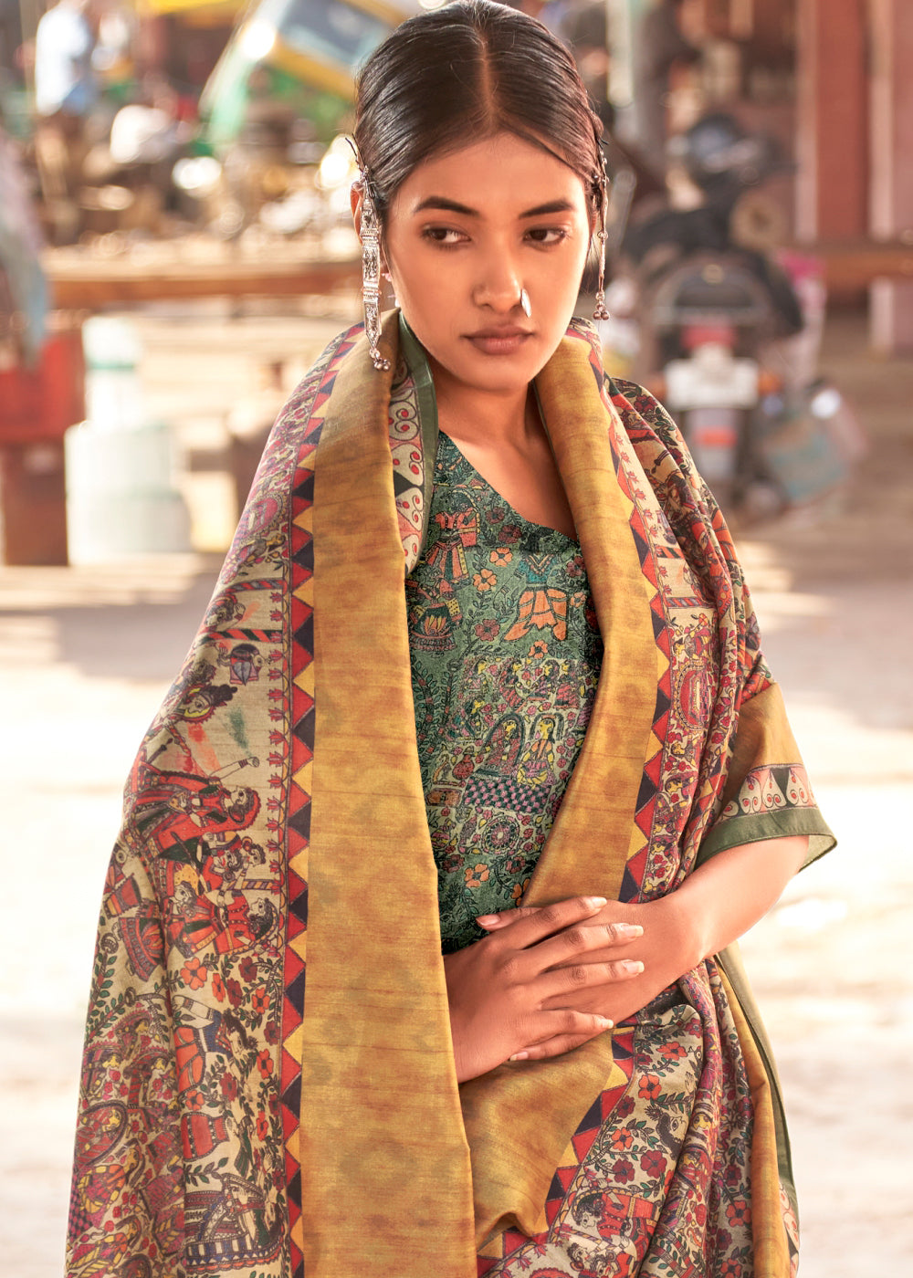 Green & Yellow Madhubani Digital Printed Silk Saree - qivii