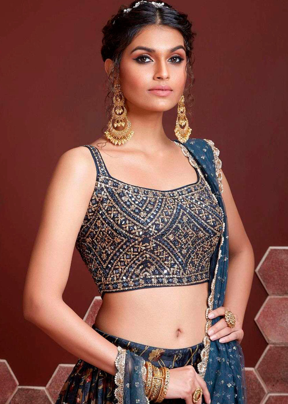 Dark Blue Floral Printed Chinon Silk Lehenga Choli with Sequins & Mirror work : Top Pick | Ready To Wear - qivii