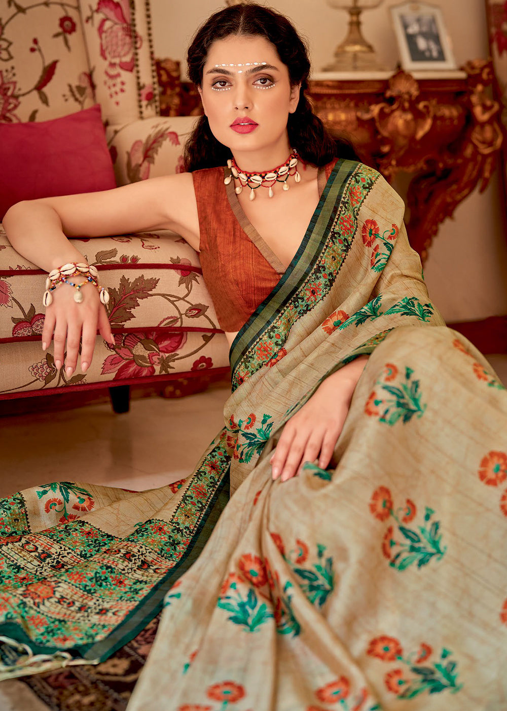 Beige Brown Designer Printed Silk Saree - qivii