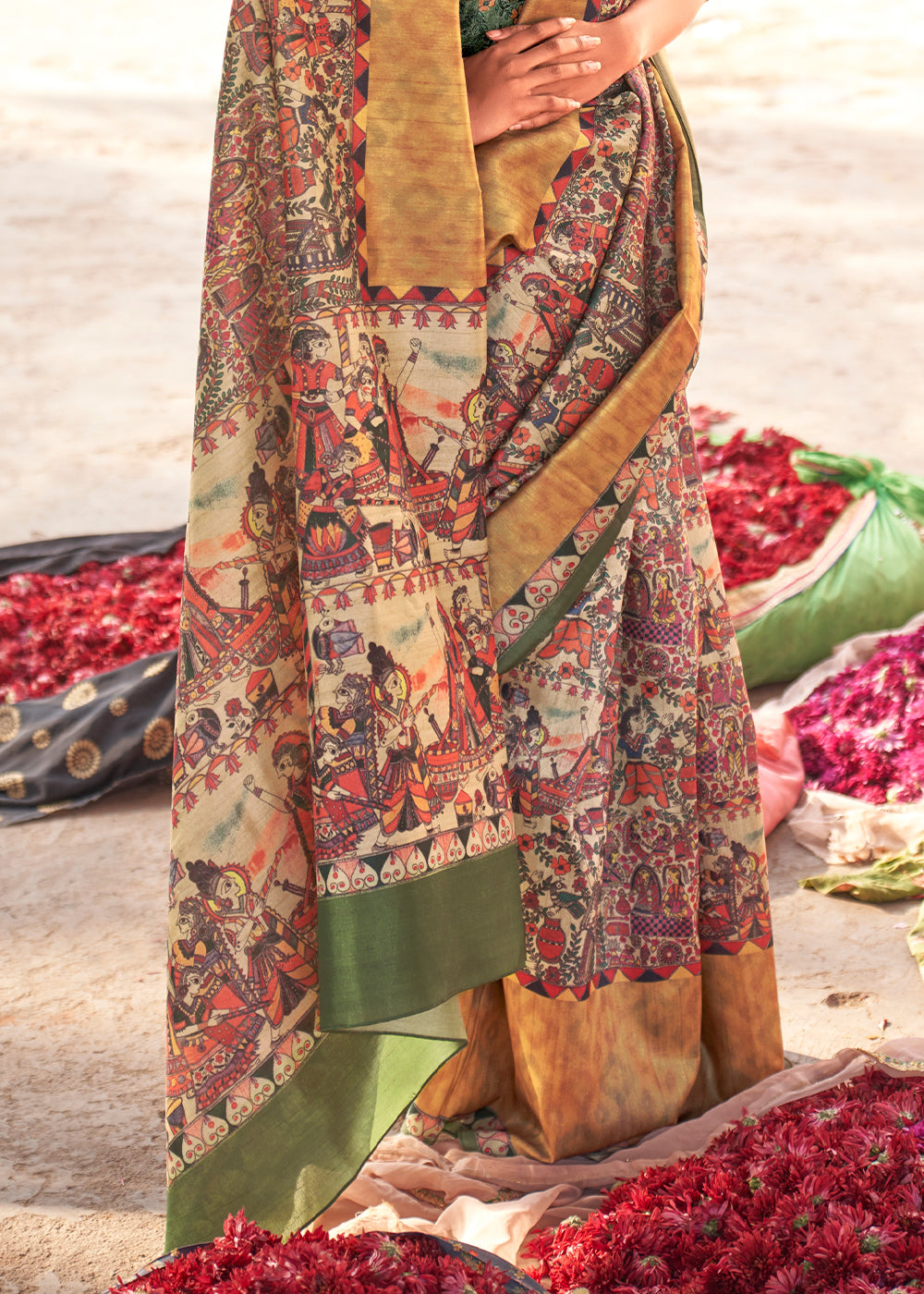 Green & Yellow Madhubani Digital Printed Silk Saree - qivii