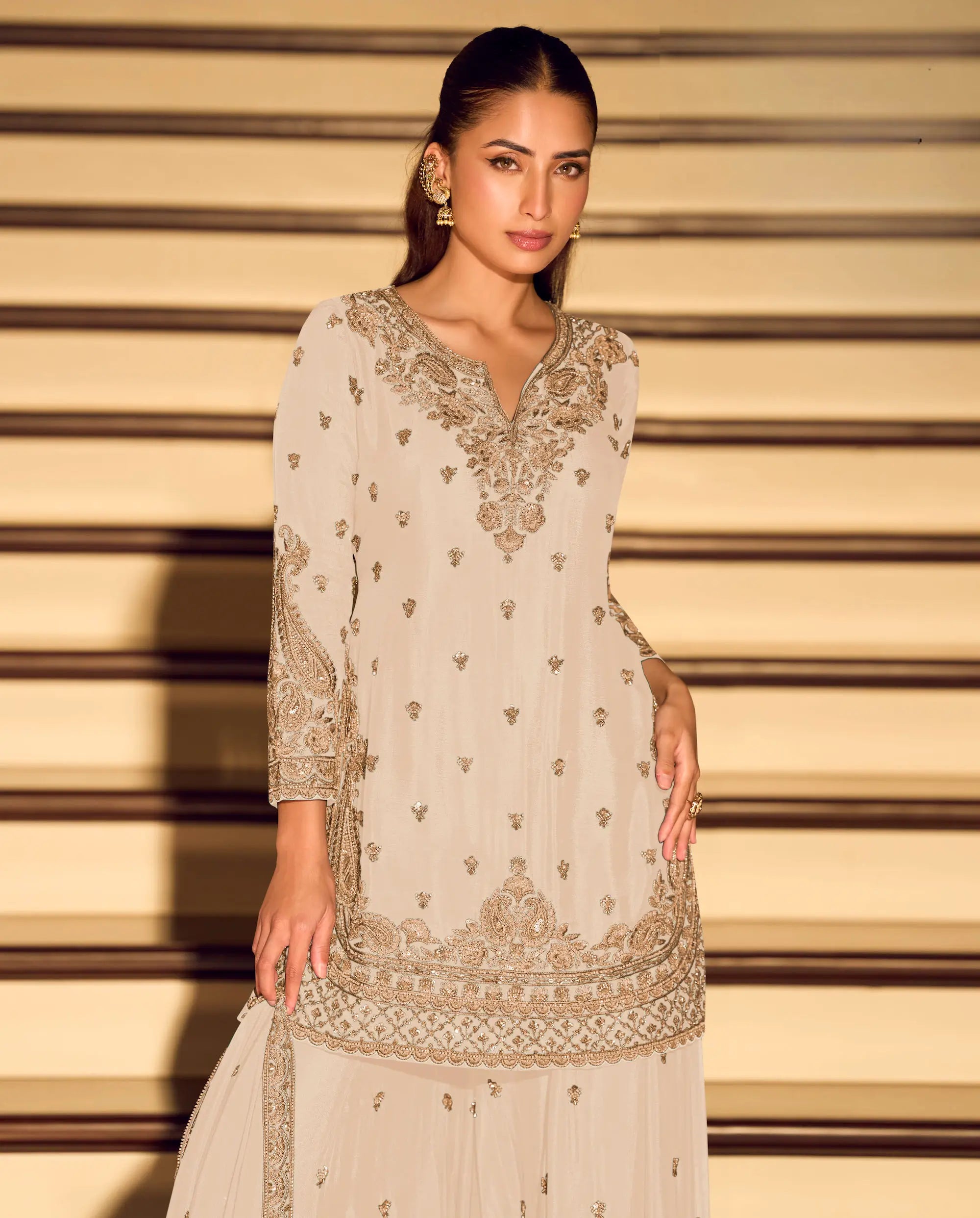White Chinon Heavy Embroidered Salwar Suit