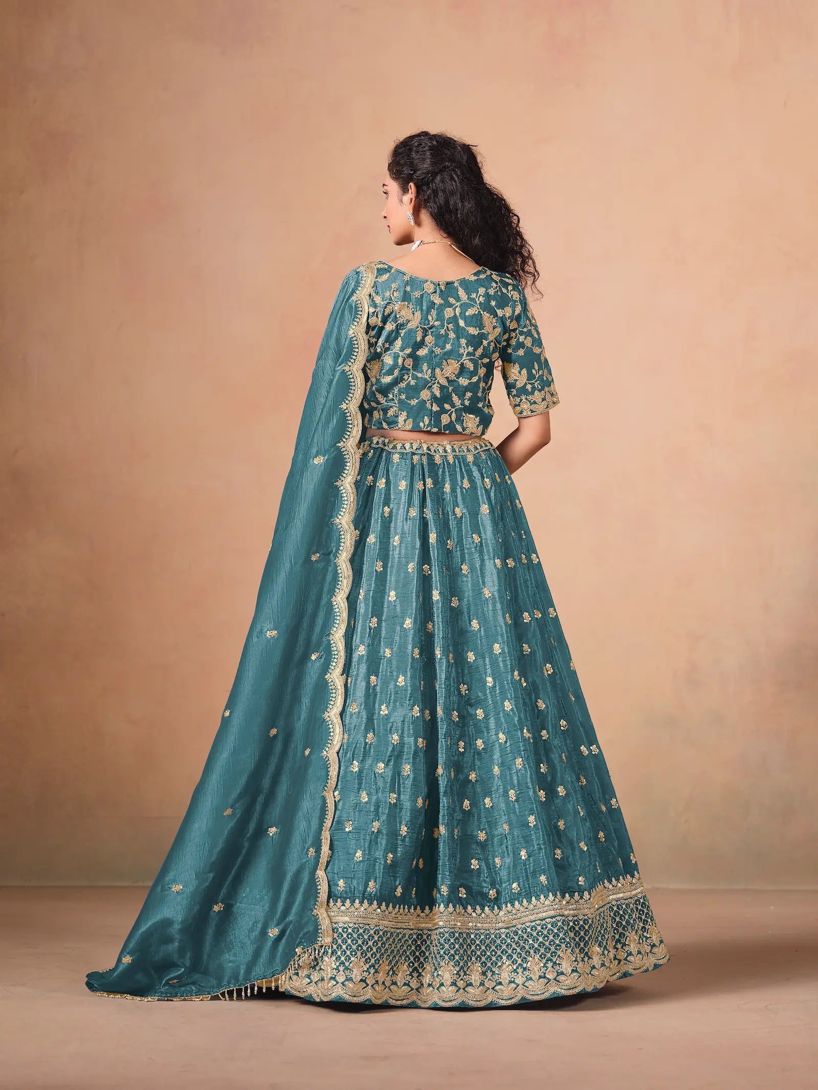 Teal Blue Organza Embroidery Work Lehenga Choli - qivii