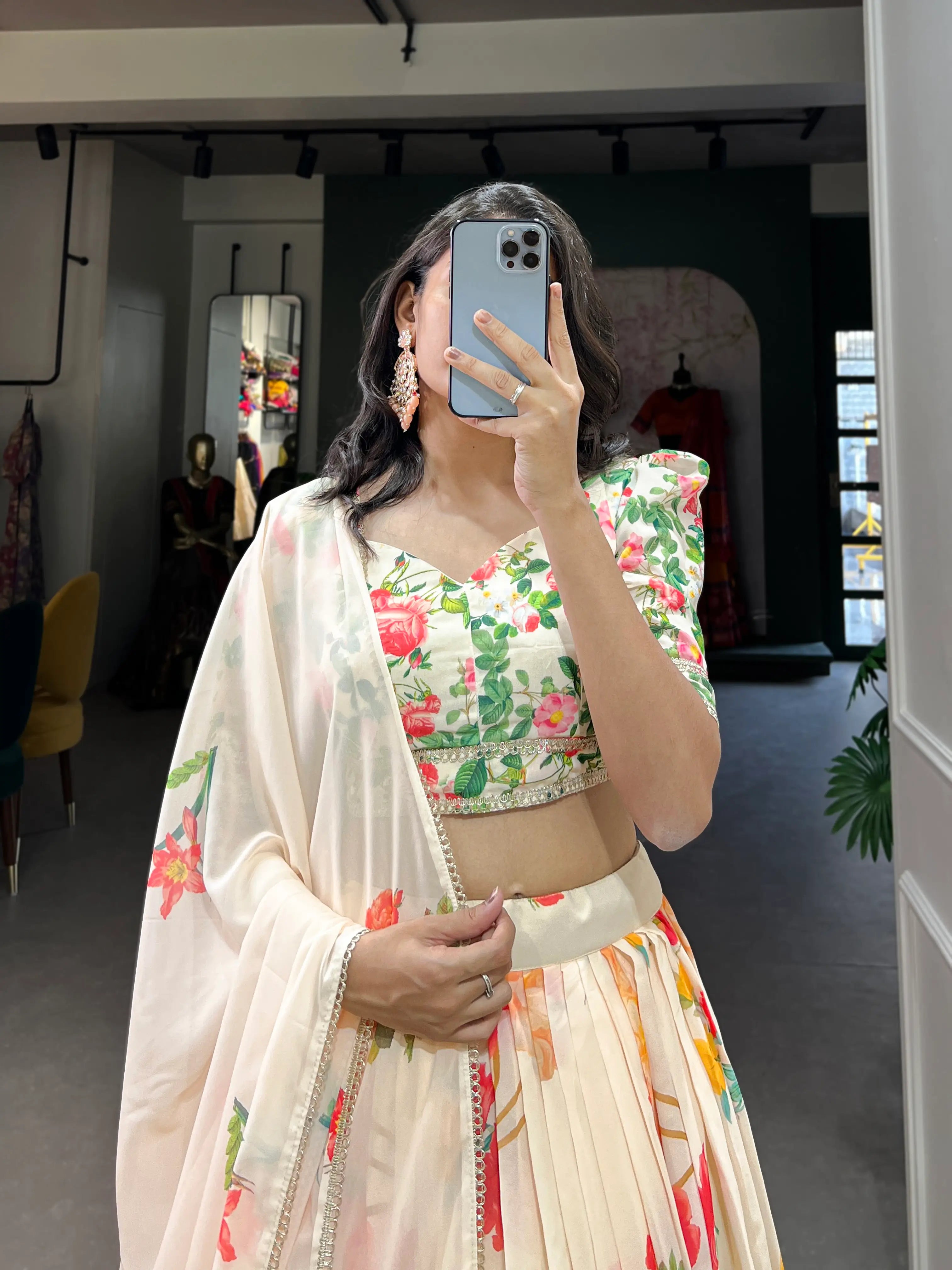 Cream Georgette Floral printed Lehenga Choli | Ready To Wear - qivii