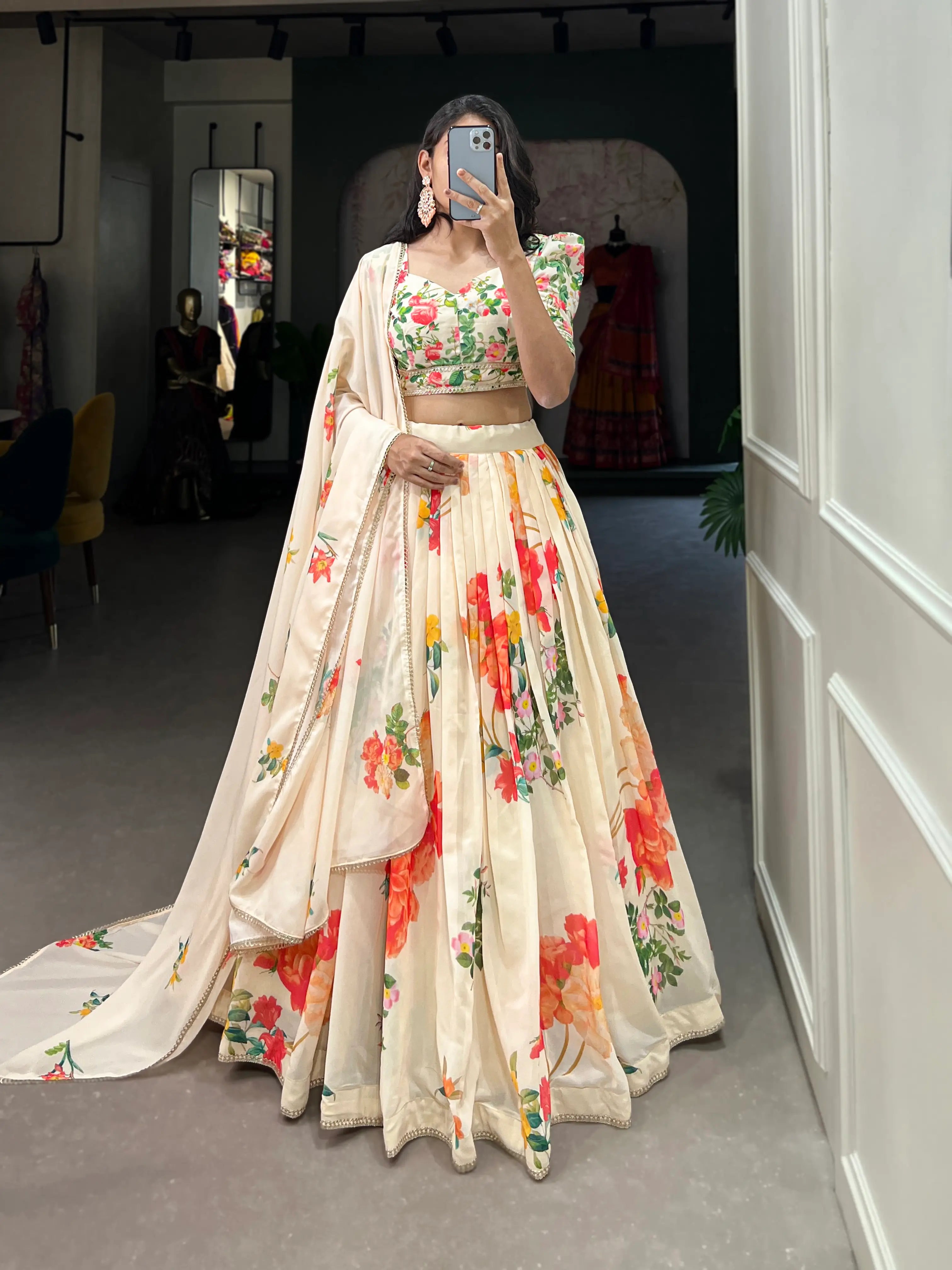 Cream Georgette Floral printed Lehenga Choli | Ready To Wear - qivii