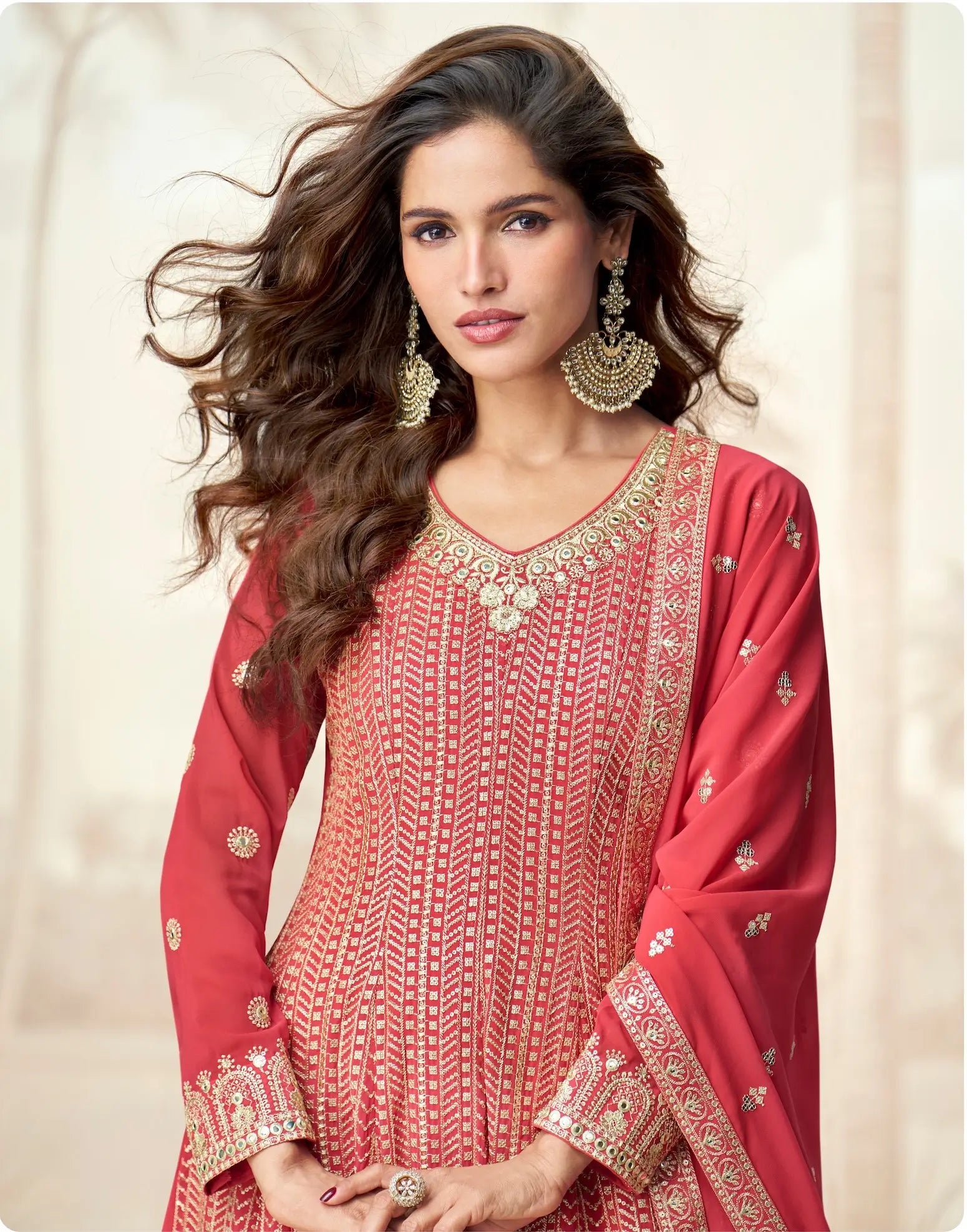 Pastel Red Georgette Embroidery Work Palazzo Suit - qivii