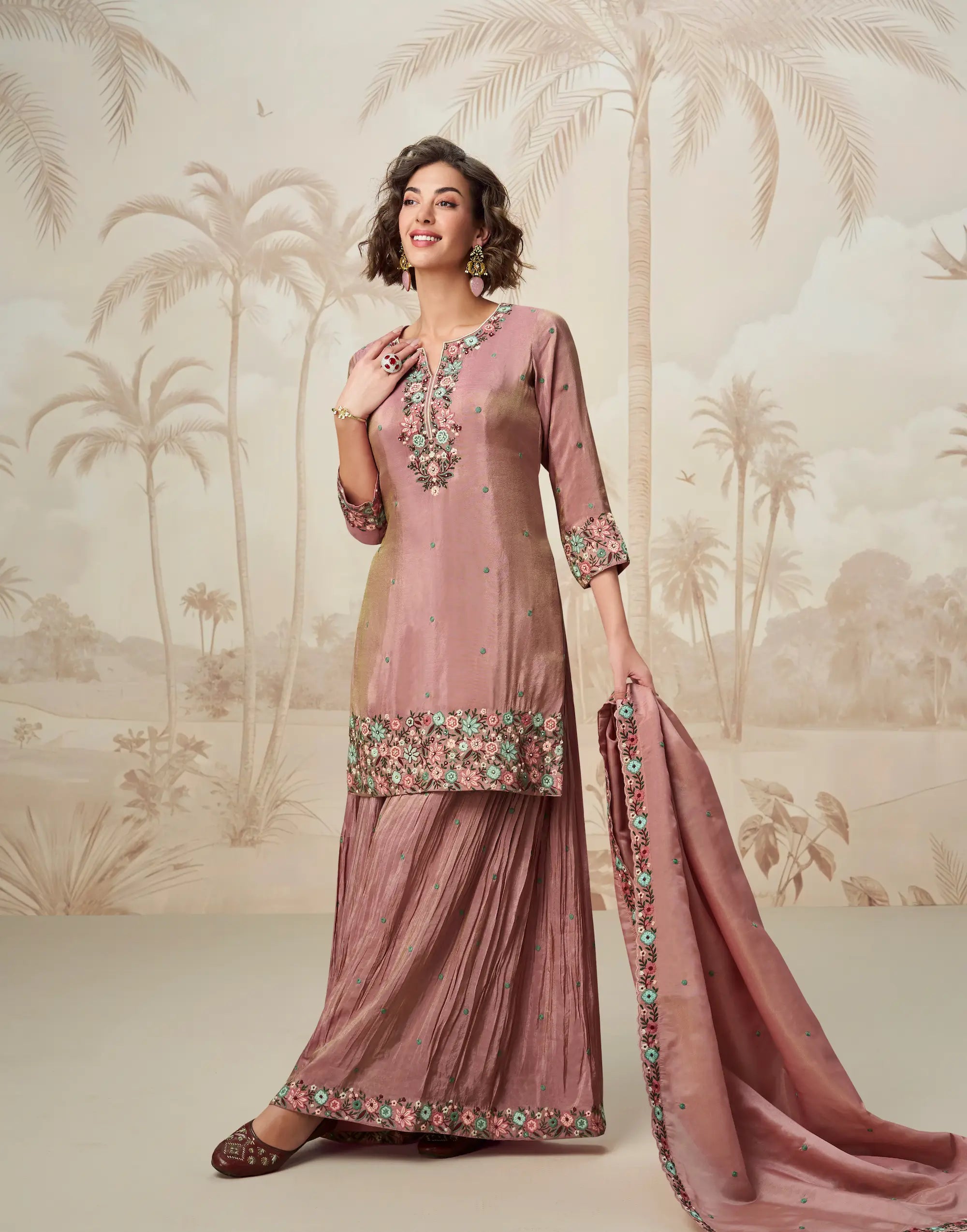 Dusty Pink Shimmer Silk Embroidery Work Salwar Suit - qivii