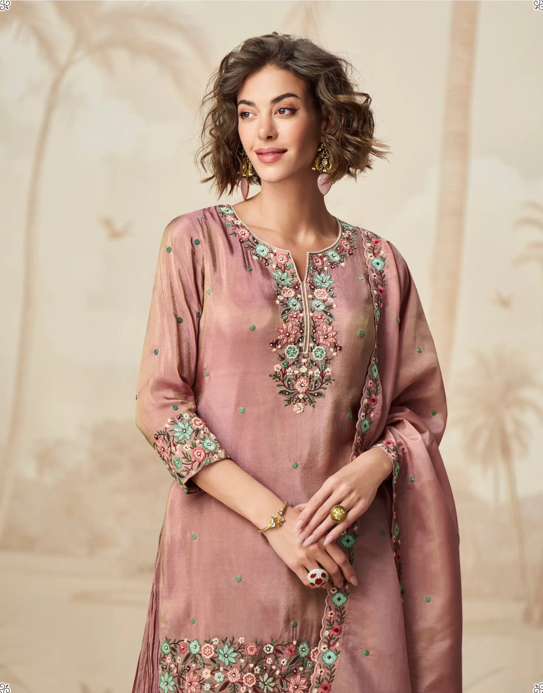 Dusty Pink Shimmer Silk Embroidery Work Salwar Suit - qivii