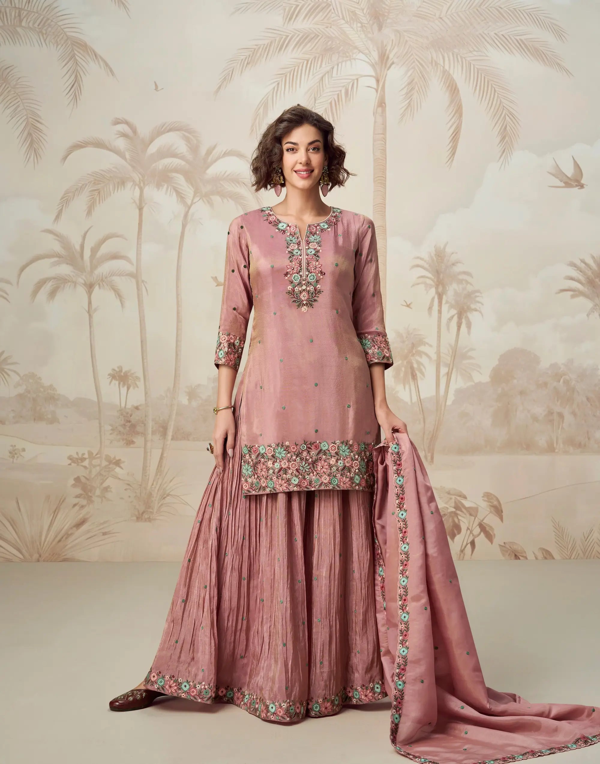 Dusty Pink Shimmer Silk Embroidery Work Salwar Suit - qivii