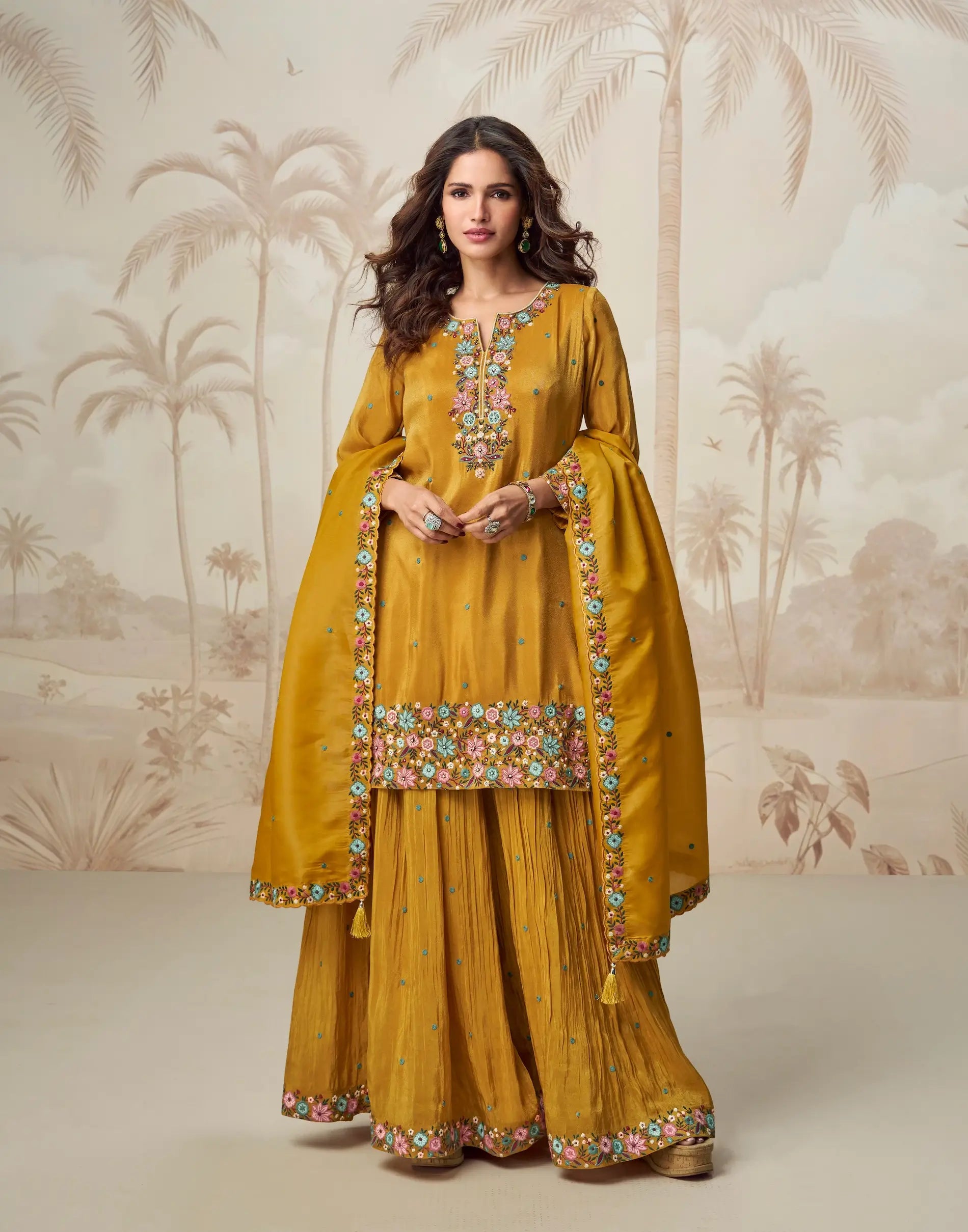 Golden Yellow Shimmer Silk Embroidery Work Salwar Suit - qivii