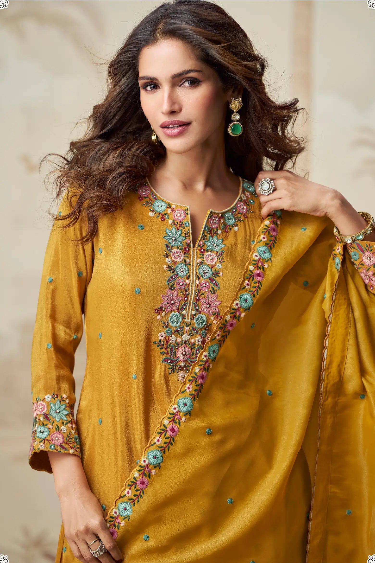 Golden Yellow Shimmer Silk Embroidery Work Salwar Suit - qivii