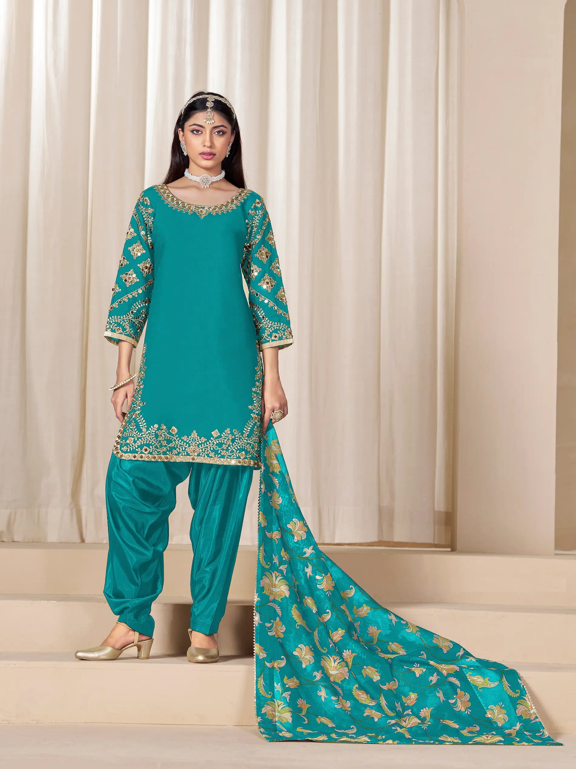 Teal Blue Roman Silk Embroidery Work Salwar Suit - qivii