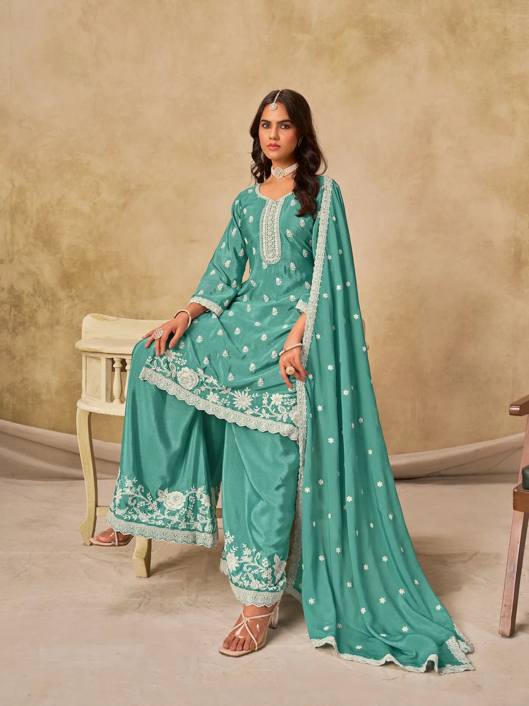 Sky Blue Chinon Embroidery Work Palazzo Suit - qivii