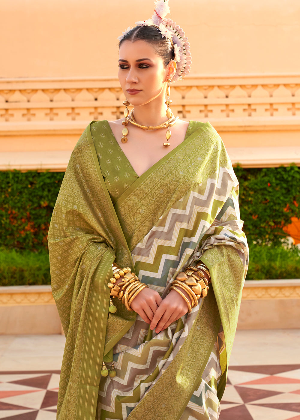 Avocado Green Zari Border Designer Silk Saree - qivii