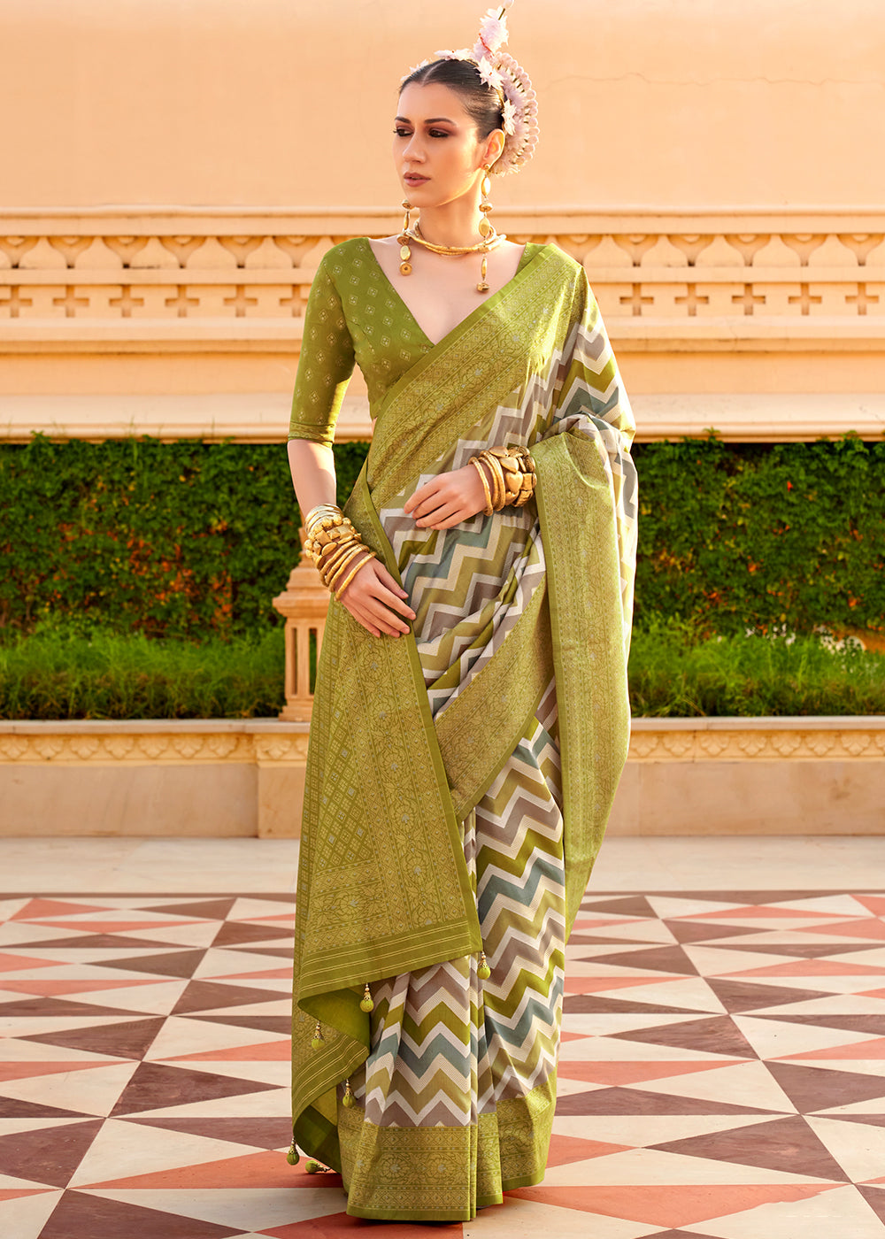 Avocado Green Zari Border Designer Silk Saree - qivii