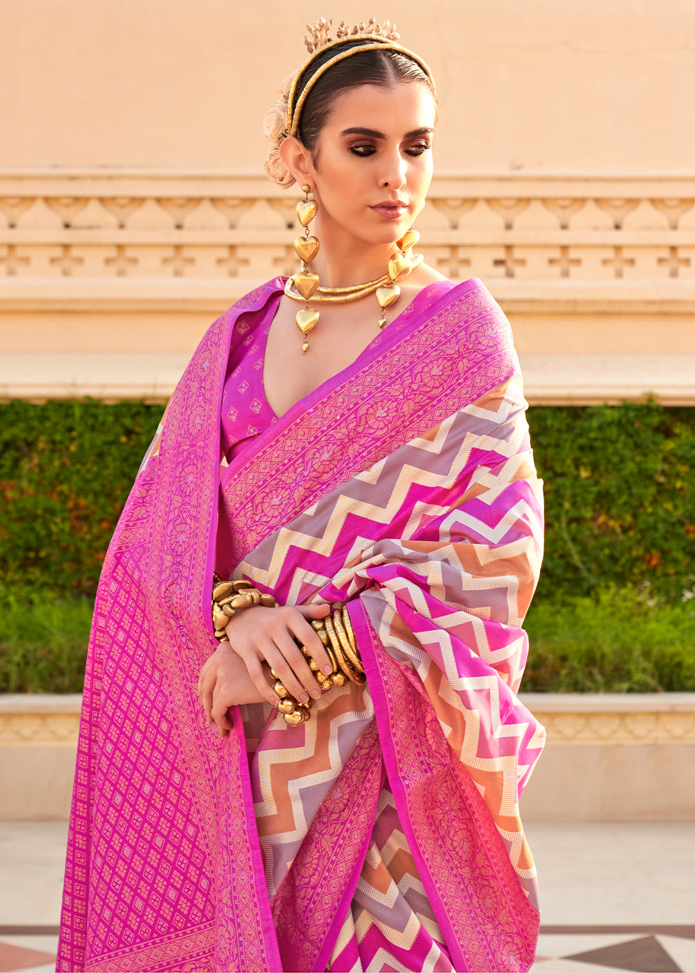 Hot Pink Zari Border Designer Silk Saree - qivii
