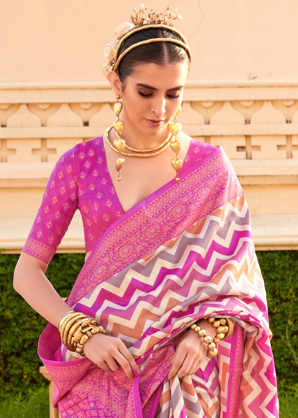 Hot Pink Zari Border Designer Silk Saree - qivii
