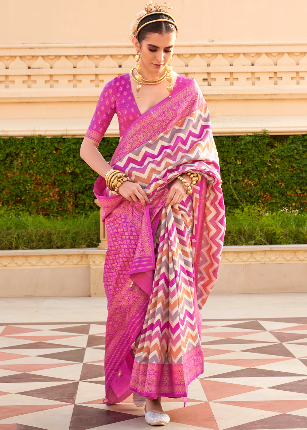 Hot Pink Zari Border Designer Silk Saree - qivii