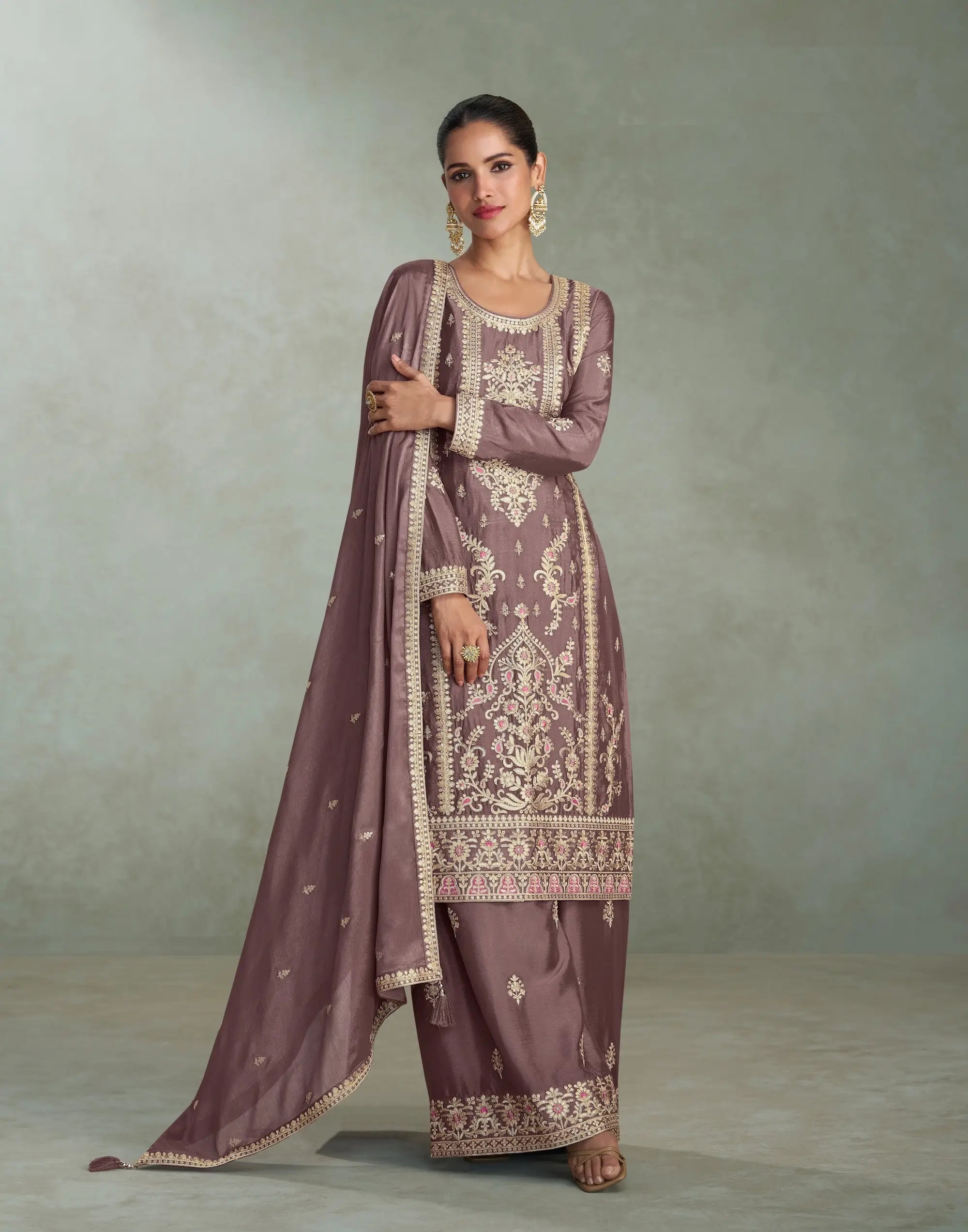 Cocoa Brown Chinon Silk Embroidery work Palazzo Suit - qivii