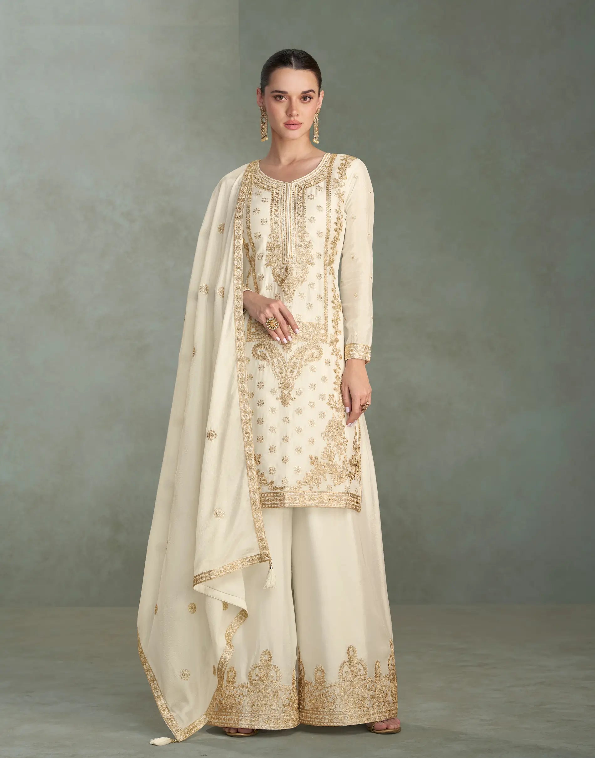 Off White Chinon Silk Embroidery work Palazzo Suit - qivii