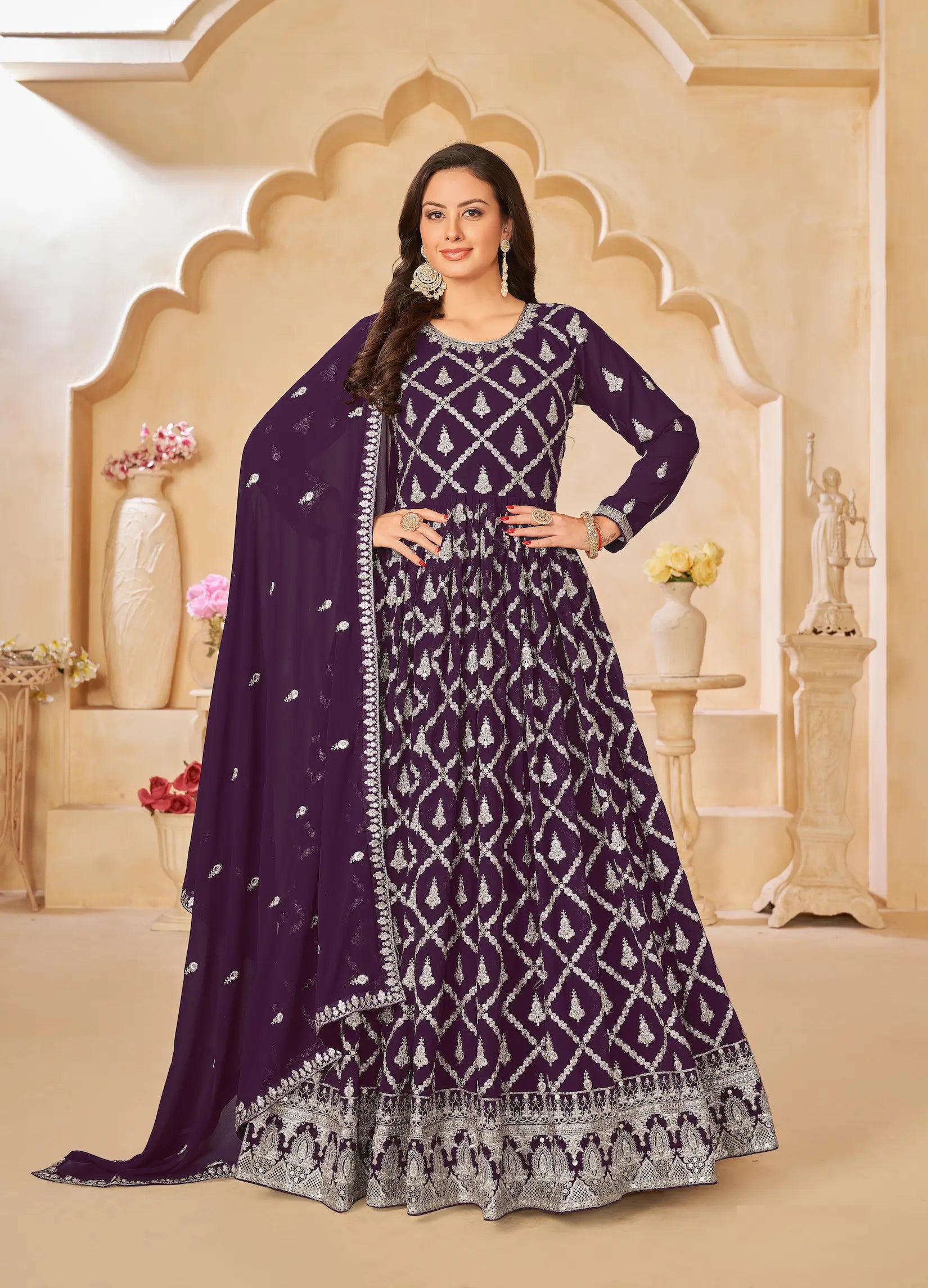 Dark Purple Georgette Gown With Sequins & Thread Embroidery Work - qivii