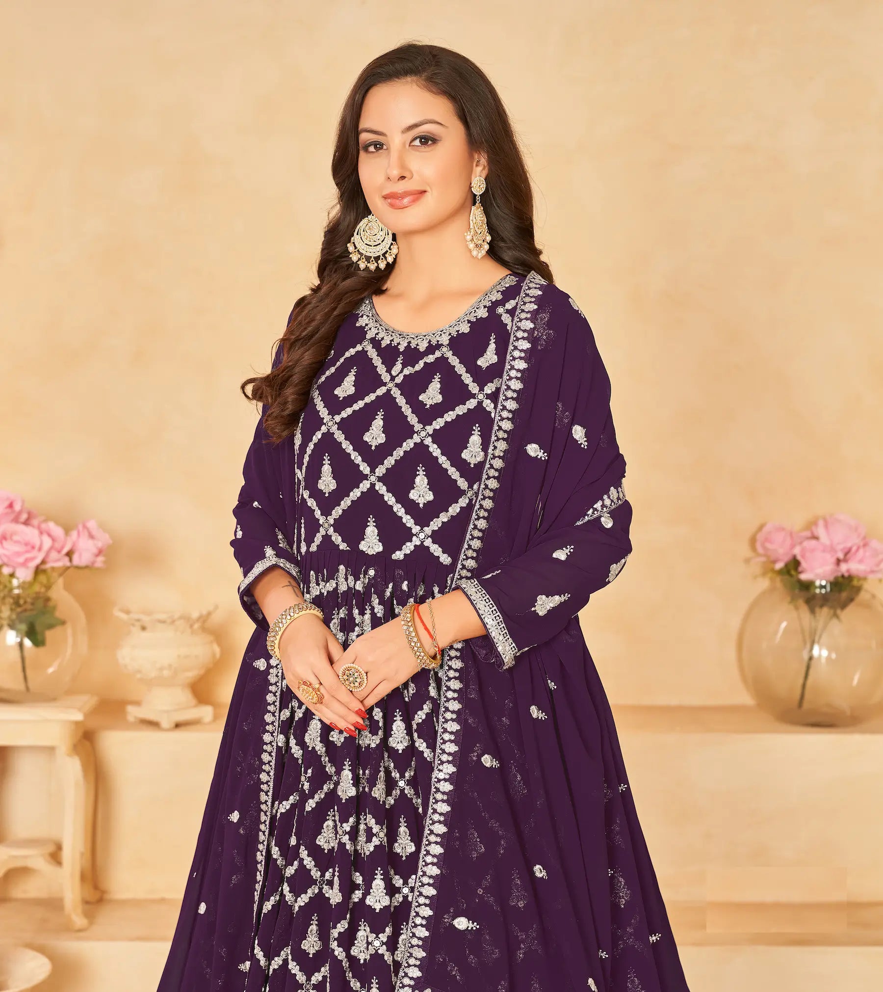 Dark Purple Georgette Gown With Sequins & Thread Embroidery Work - qivii