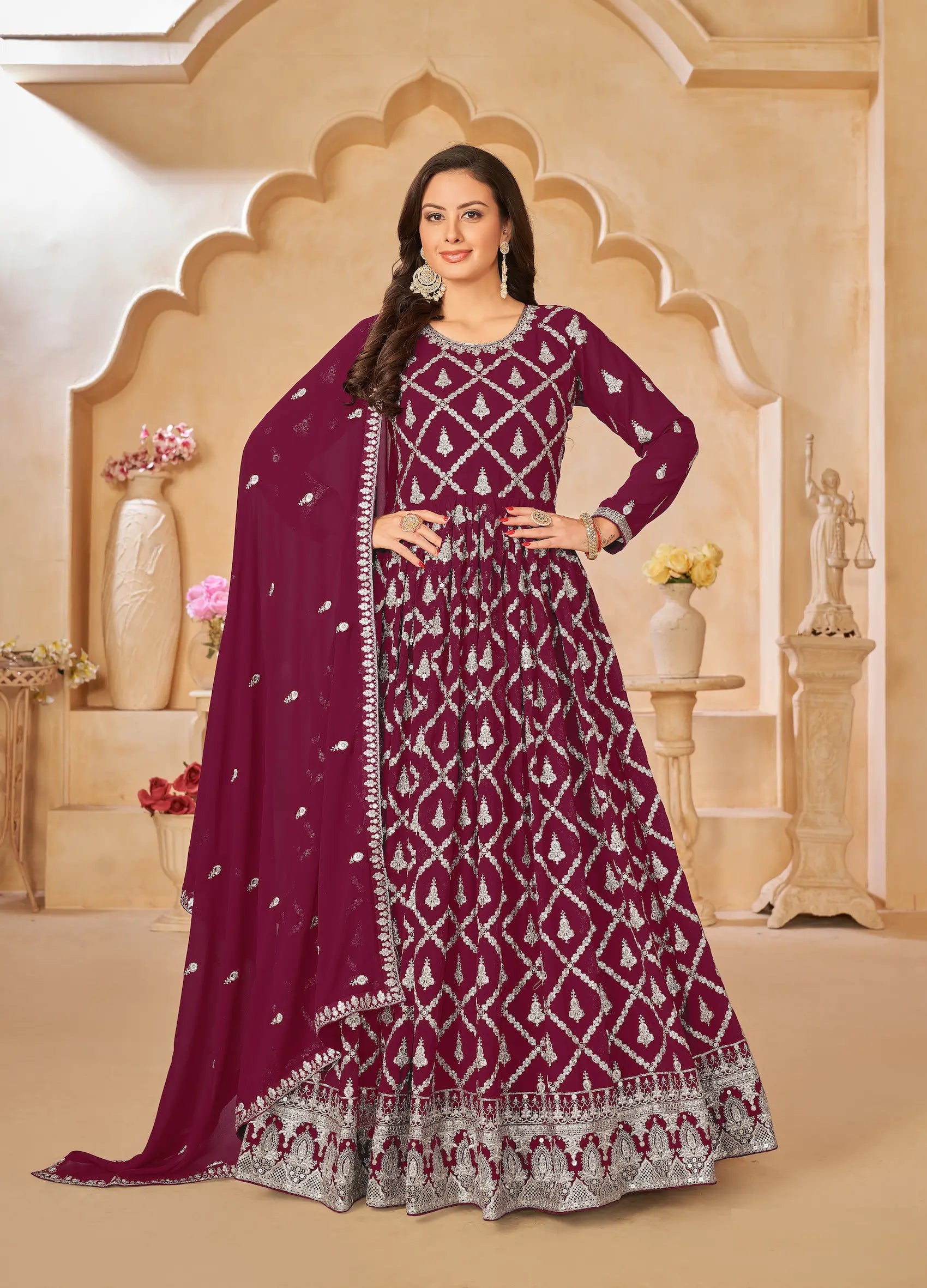 Dark Red Georgette Gown With Sequins & Thread Embroidery Work - qivii