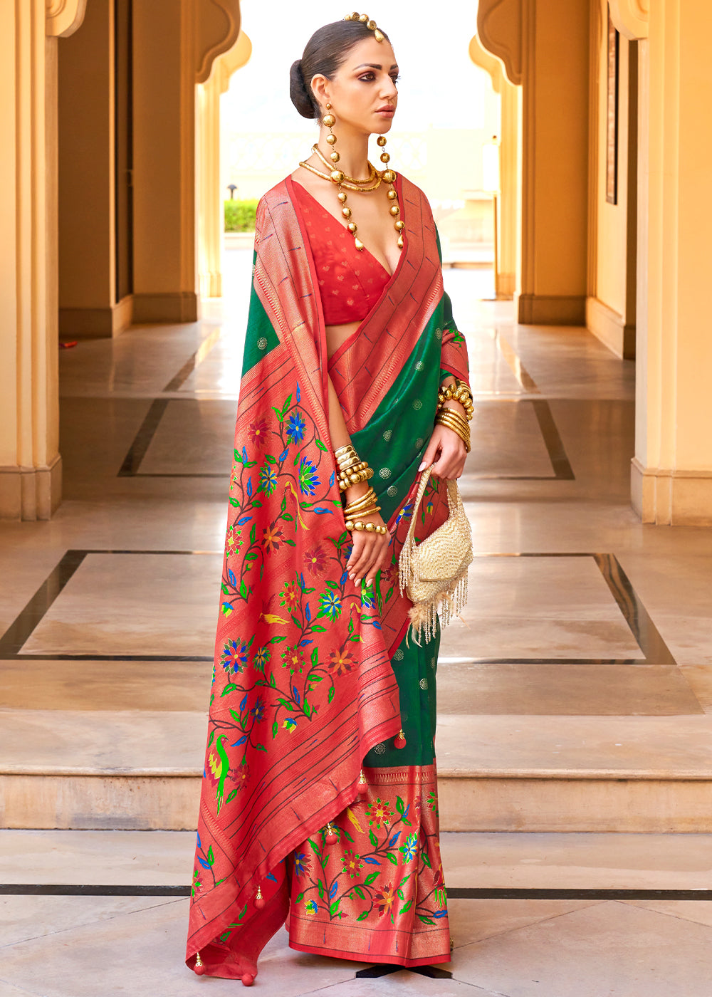 Green & Red Paithani Printed Silk Saree - qivii