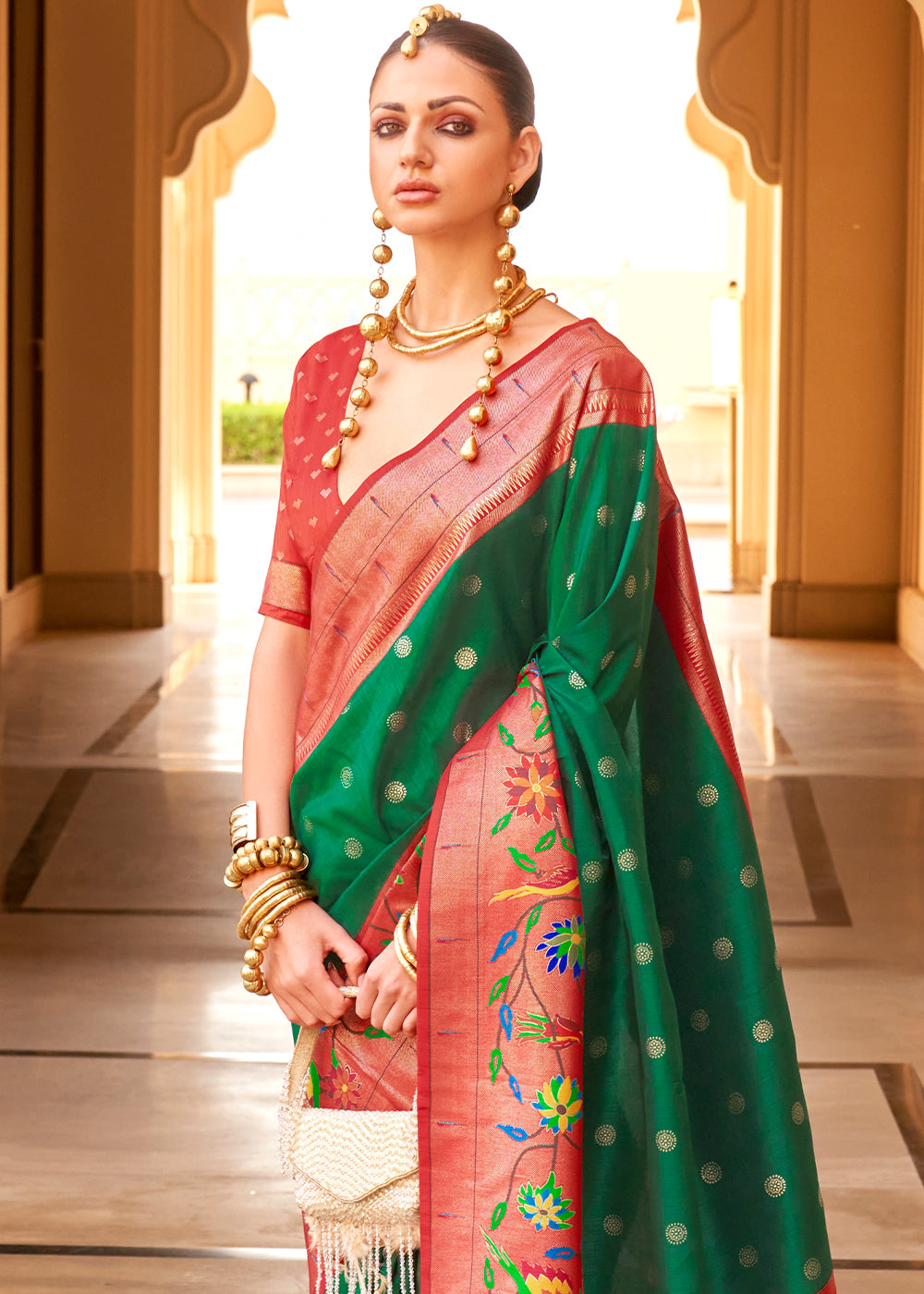 Green & Red Paithani Printed Silk Saree - qivii