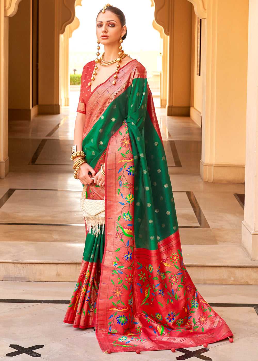 Green & Red Paithani Printed Silk Saree - qivii