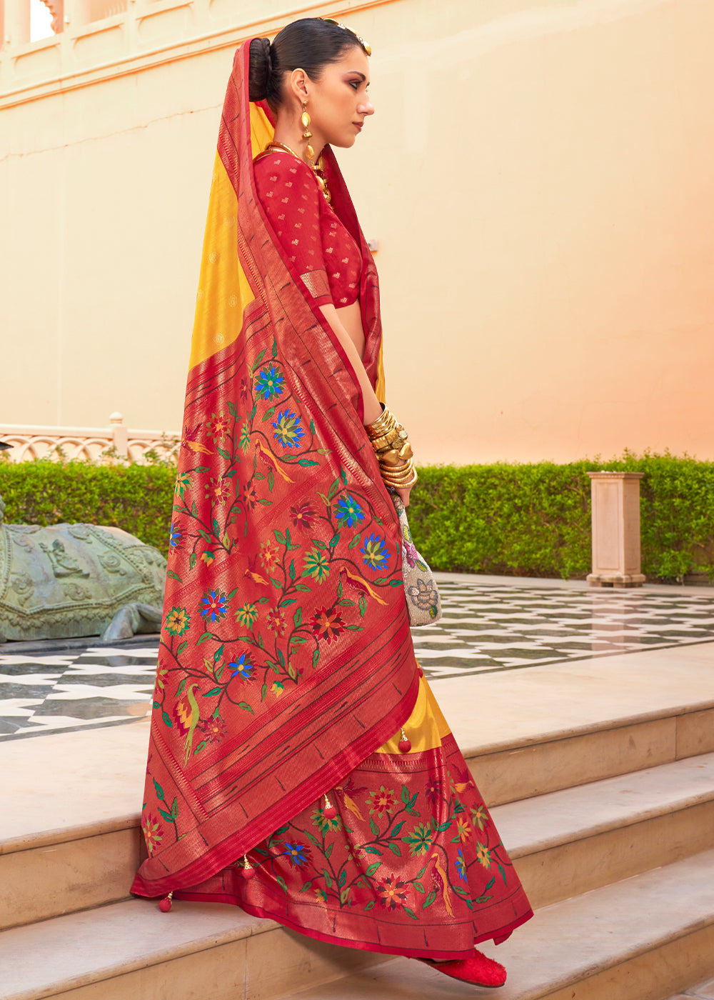 Yellow & Red Paithani Printed Silk Saree - qivii