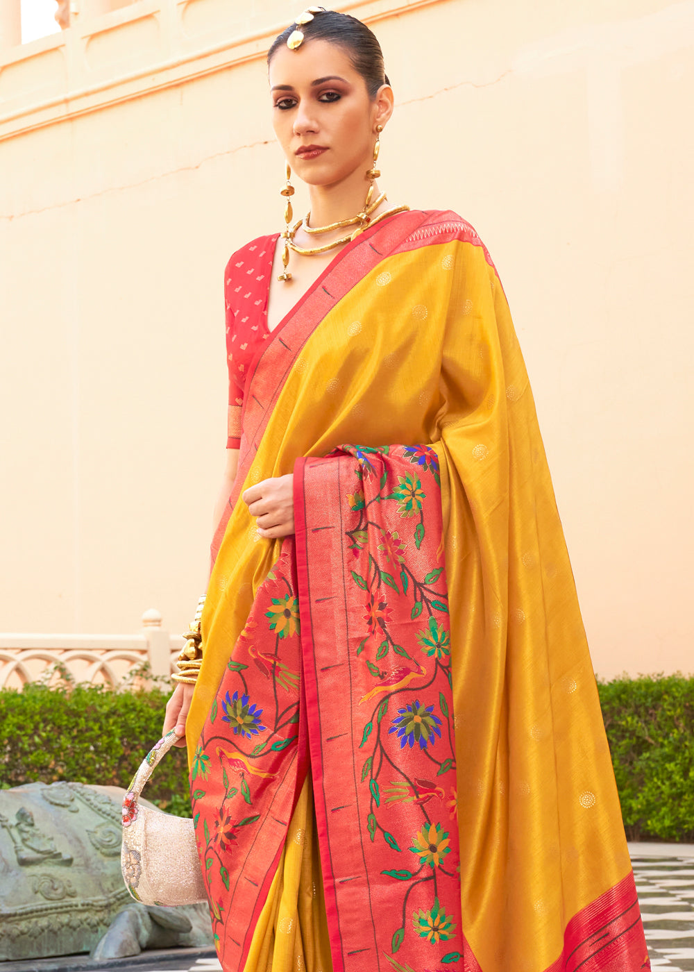 Yellow & Red Paithani Printed Silk Saree - qivii